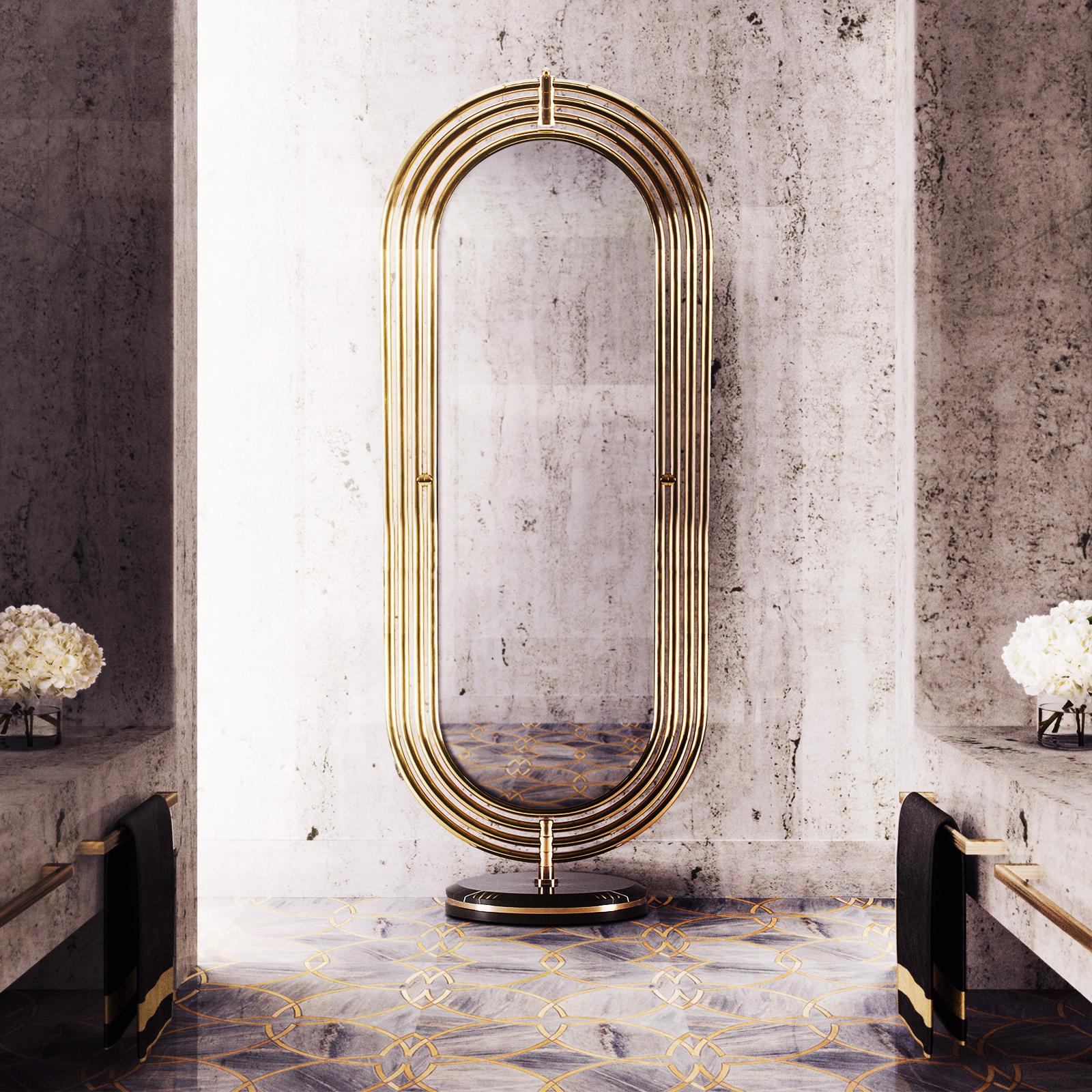 Contemporary Brass Tubular with LED Floor Mirror For Sale