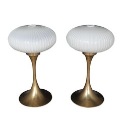 Brass Tulip Base Table Lamps with Opalescent Ribbed Art Glass Shade