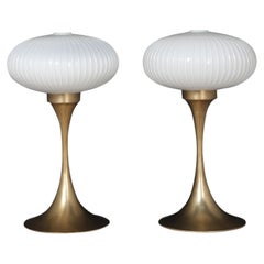 Brass Tulip Base Table Lamps with Opalescent Ribbed Art Glass Shade