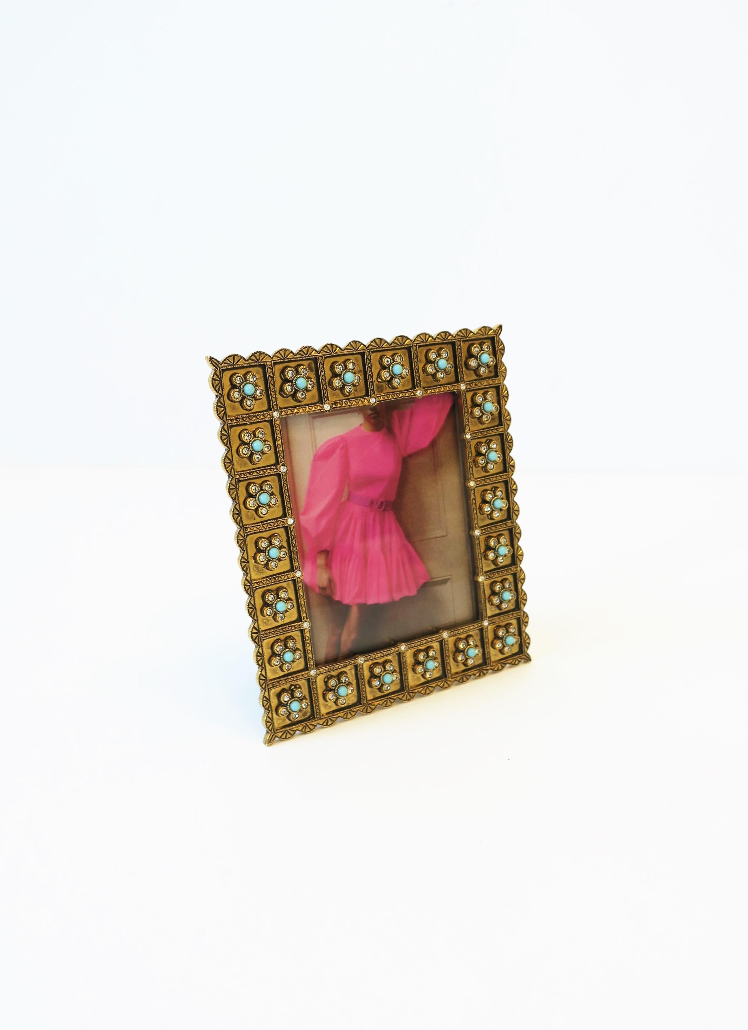 Brass Turquoise and Swarovski Crystal Picture Frame In Good Condition In New York, NY