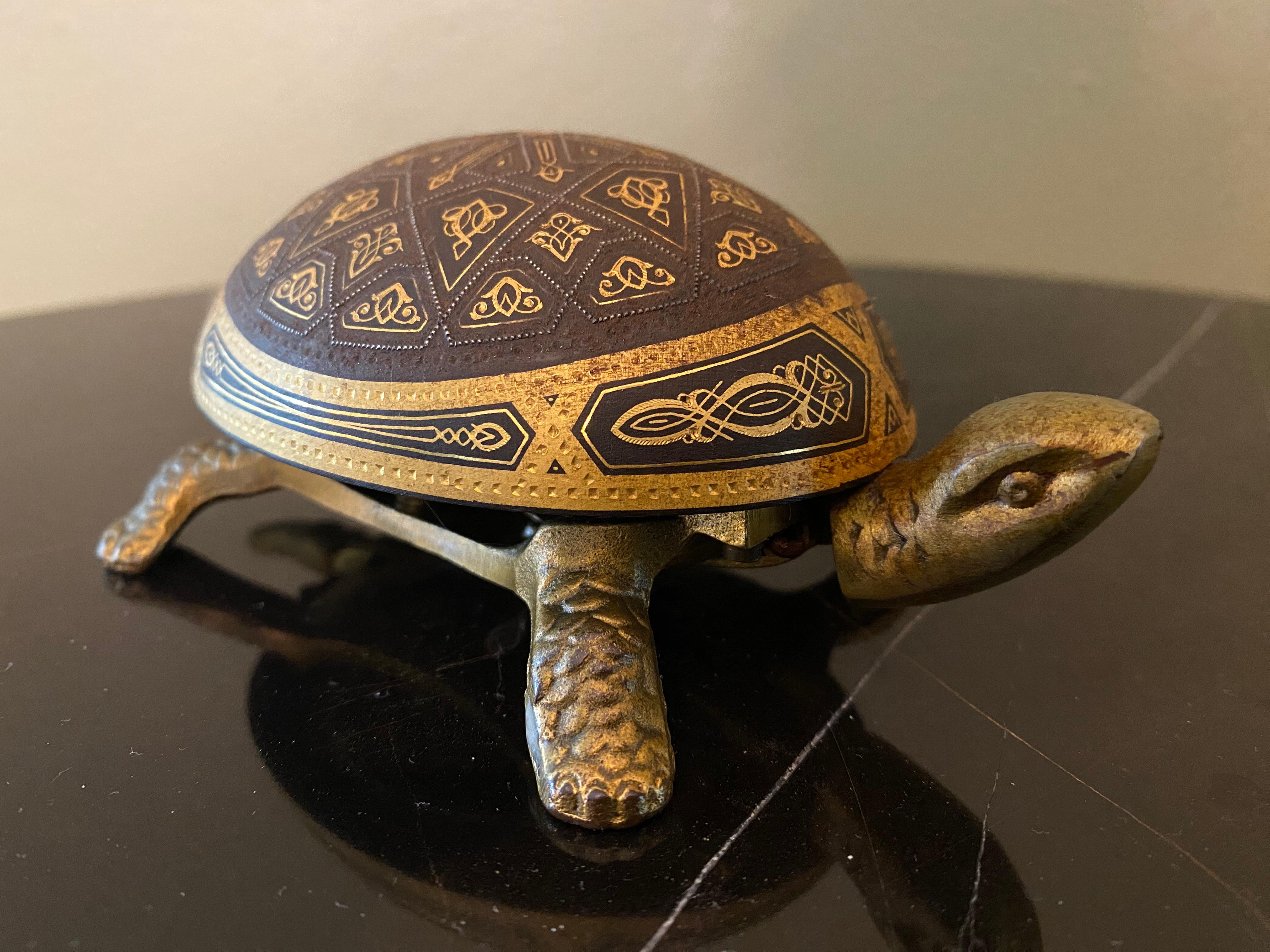 Mid-Century Modern Brass Turtle Call Bell / Service Bell / Reception Bell with Damascene Decoration