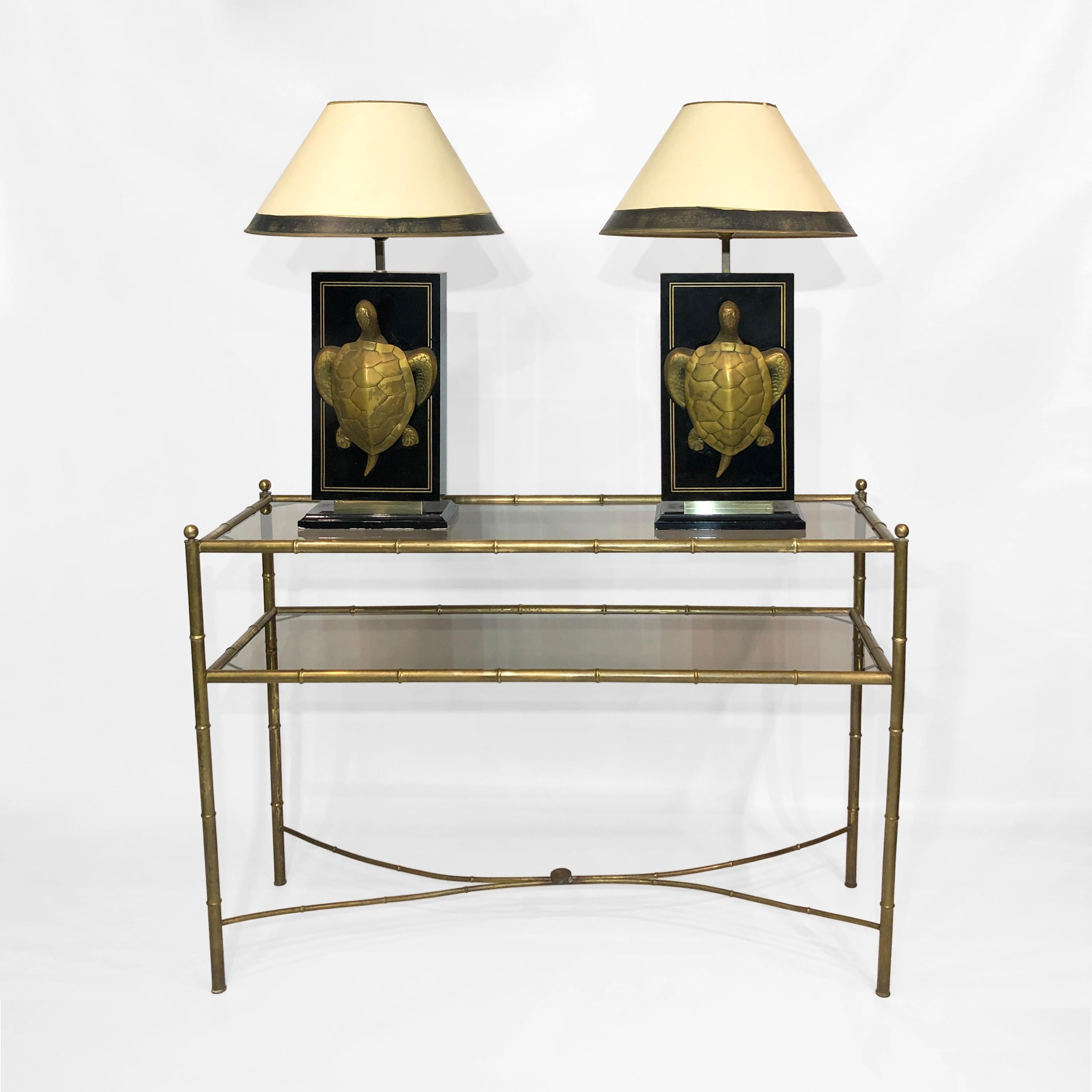 Lacquered Brass Turtle Table Lamps Hollywood Regency Boho Vintage Chic Retro 1970s Antique