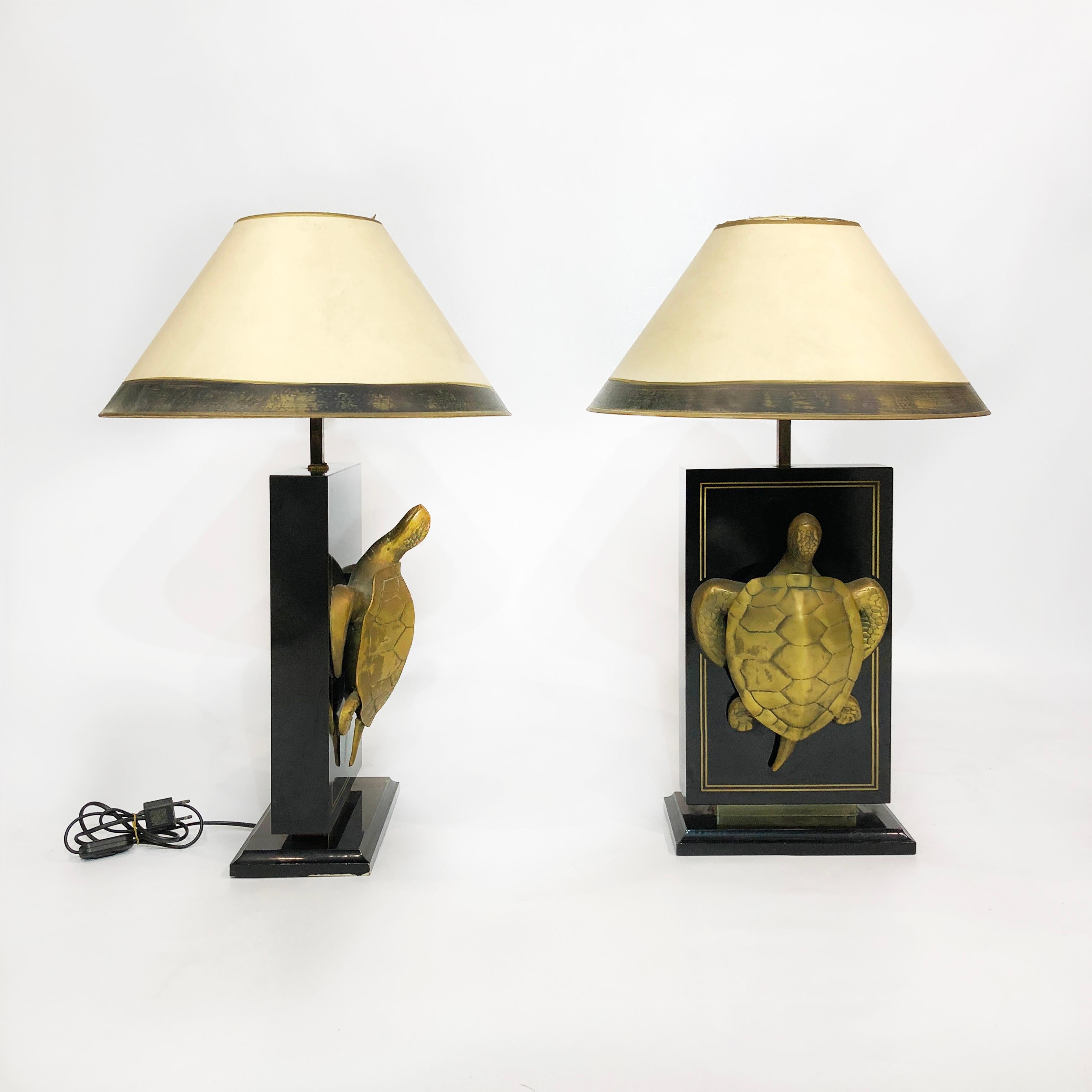 Late 20th Century Brass Turtle Table Lamps Hollywood Regency Boho Vintage Chic Retro 1970s Antique