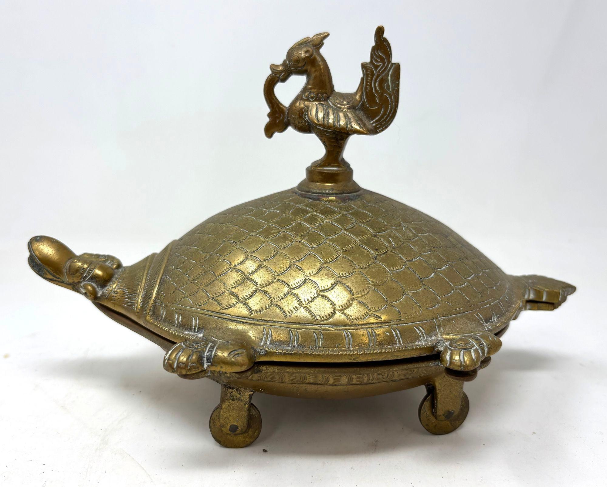 Anglo Raj Brass Turtle Vintage Trinket Box with Peacock Finial For Sale