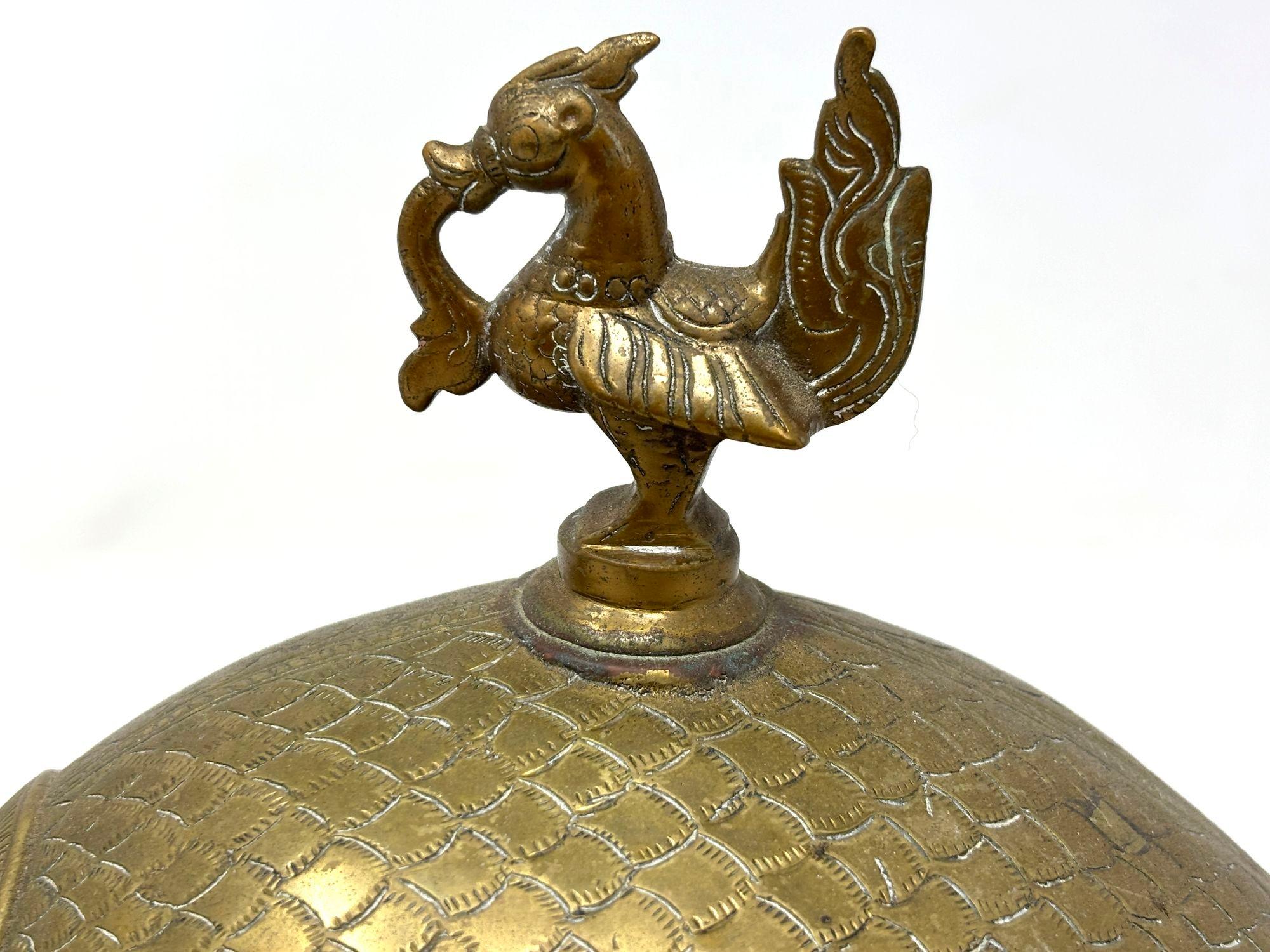 Indian Brass Turtle Vintage Trinket Box with Peacock Finial For Sale