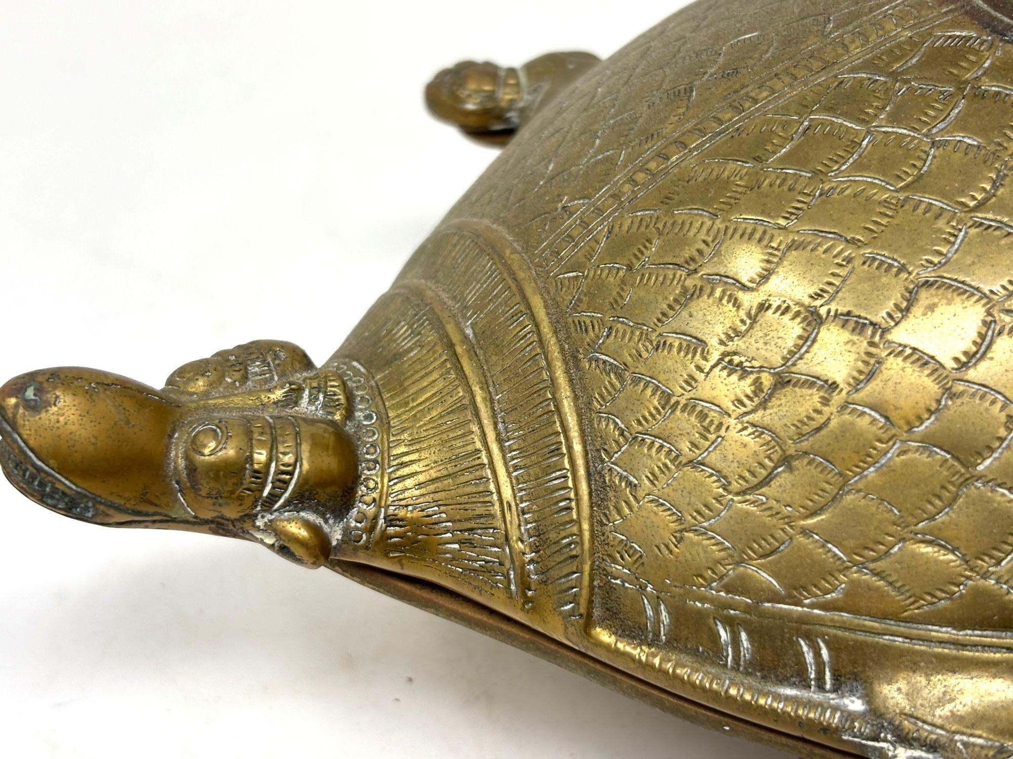 Cast Brass Turtle Vintage Trinket Box with Peacock Finial For Sale