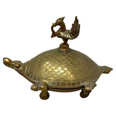 Brass Turtle Vintage Trinket Box with Peacock Finial