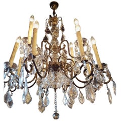 Brass Twelve-Light Chandelier with Glass Pendeloques, Belgium