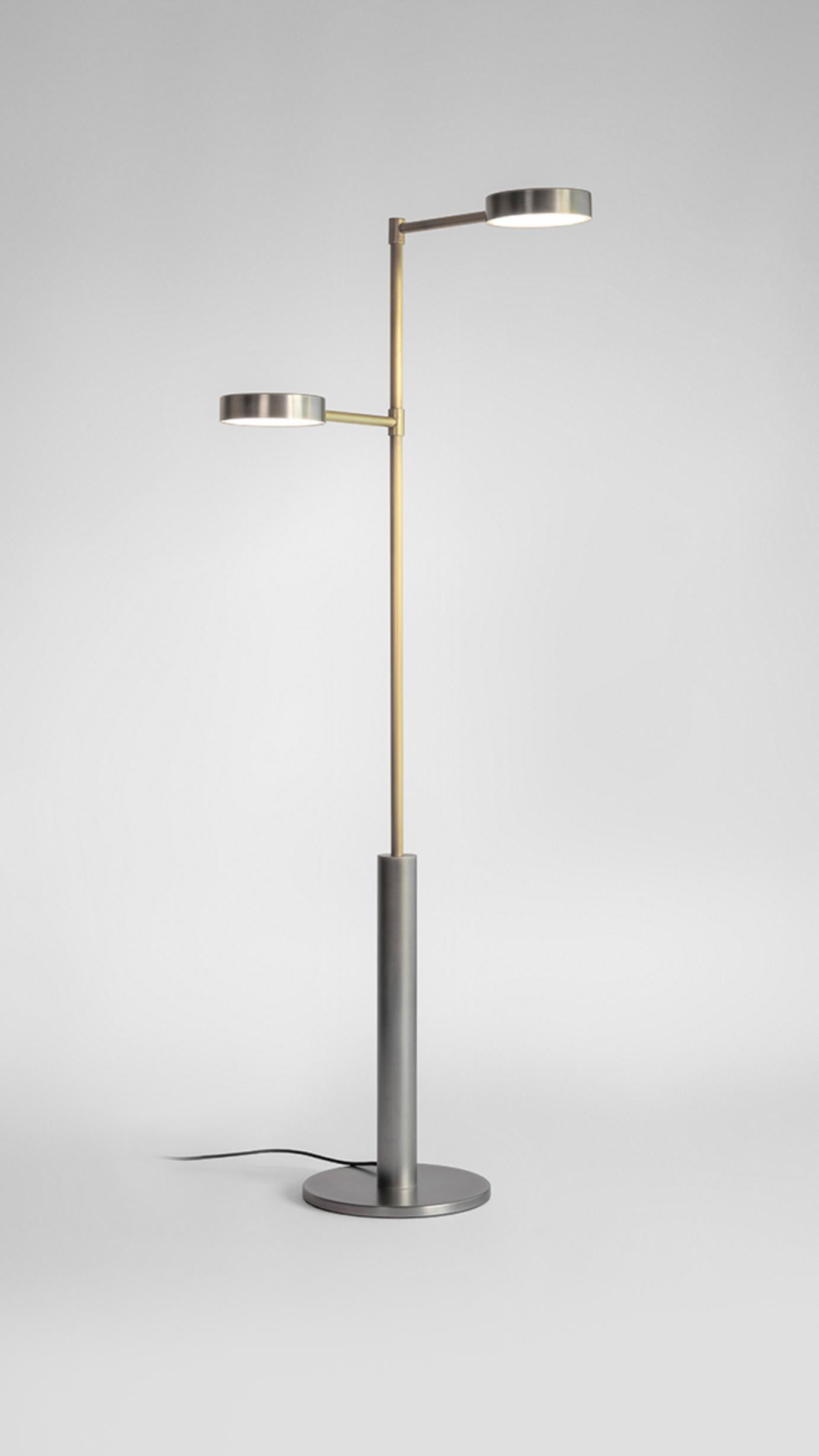 British Brass Two Cylinders Floor Lamp by Square in Circle For Sale