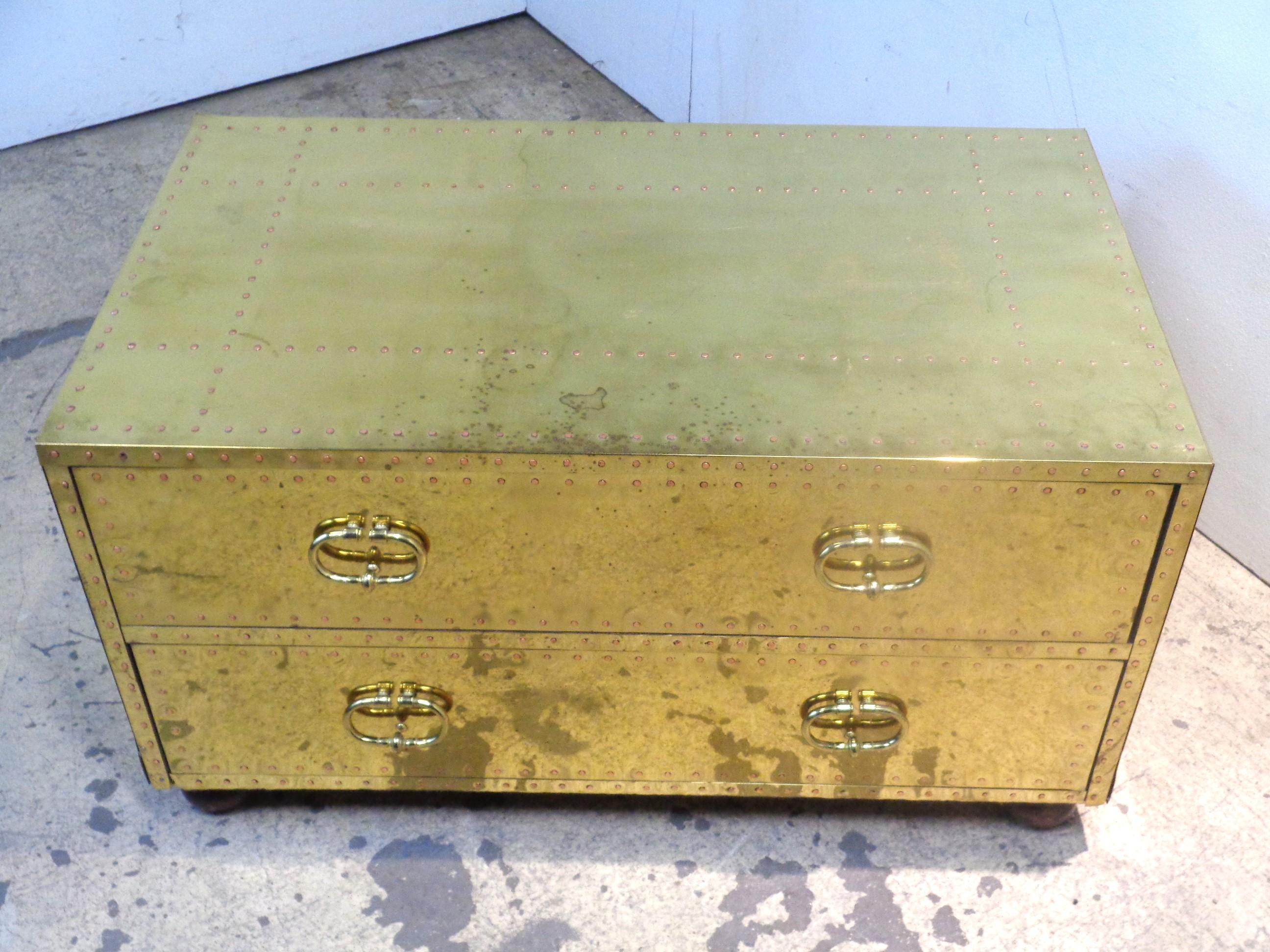 Campaign Brass Two Drawer Low Chest by Sarreid, 1970's