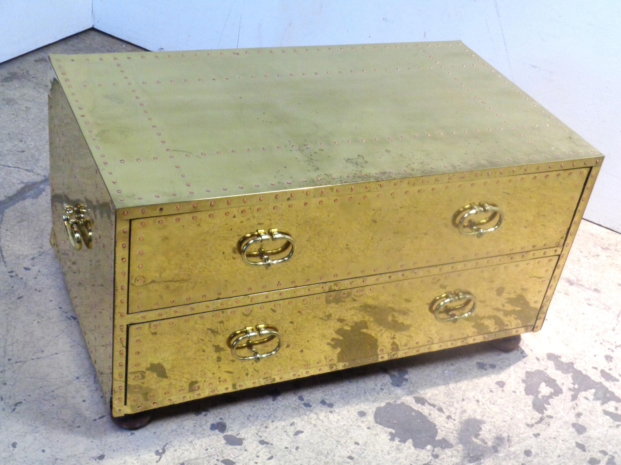 Spanish Brass Two Drawer Low Chest by Sarreid, 1970's