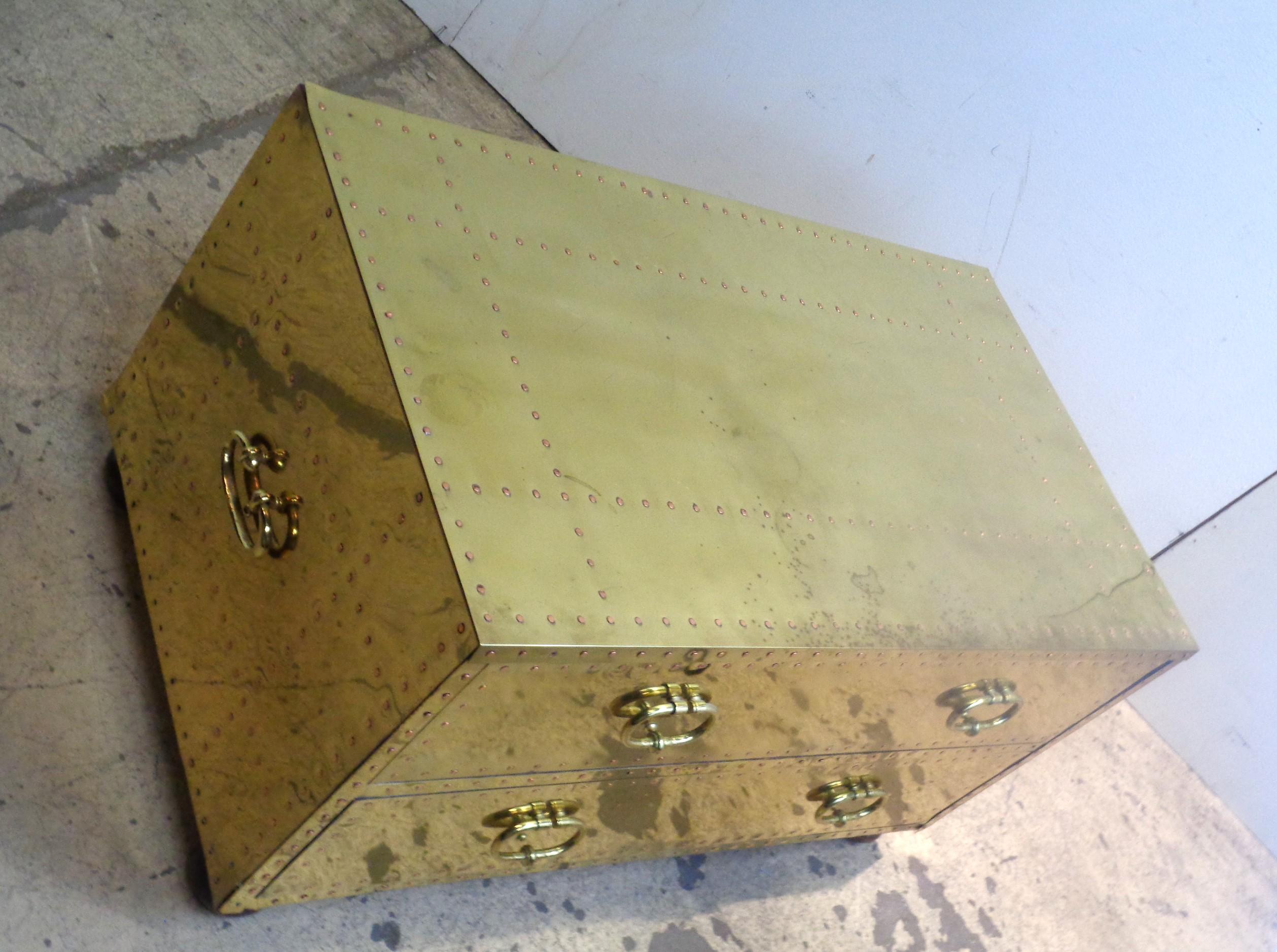 Hand-Crafted Brass Two Drawer Low Chest by Sarreid, 1970's