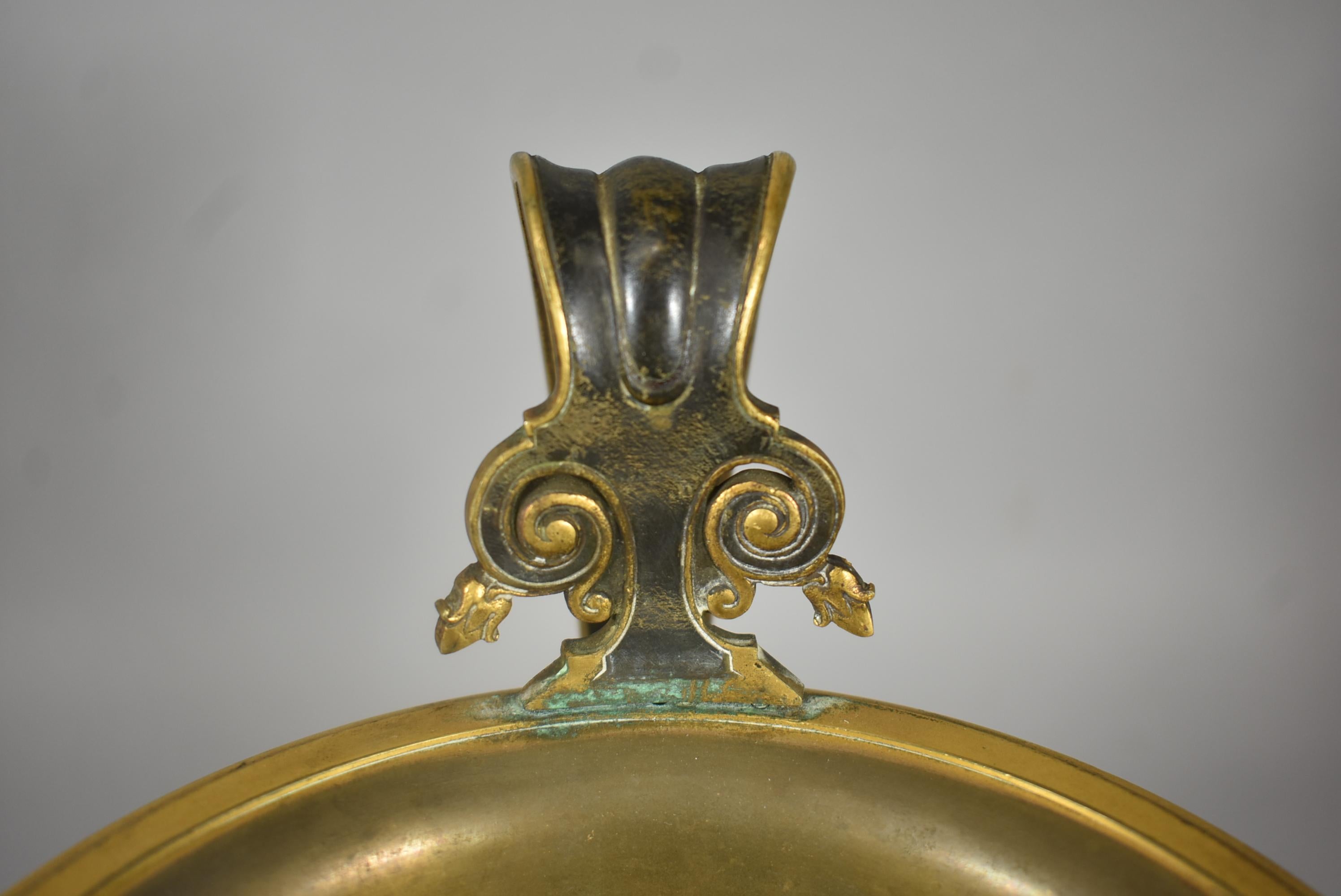 Brass Two Handled Compote Urn Figural Center Face In Good Condition In Toledo, OH