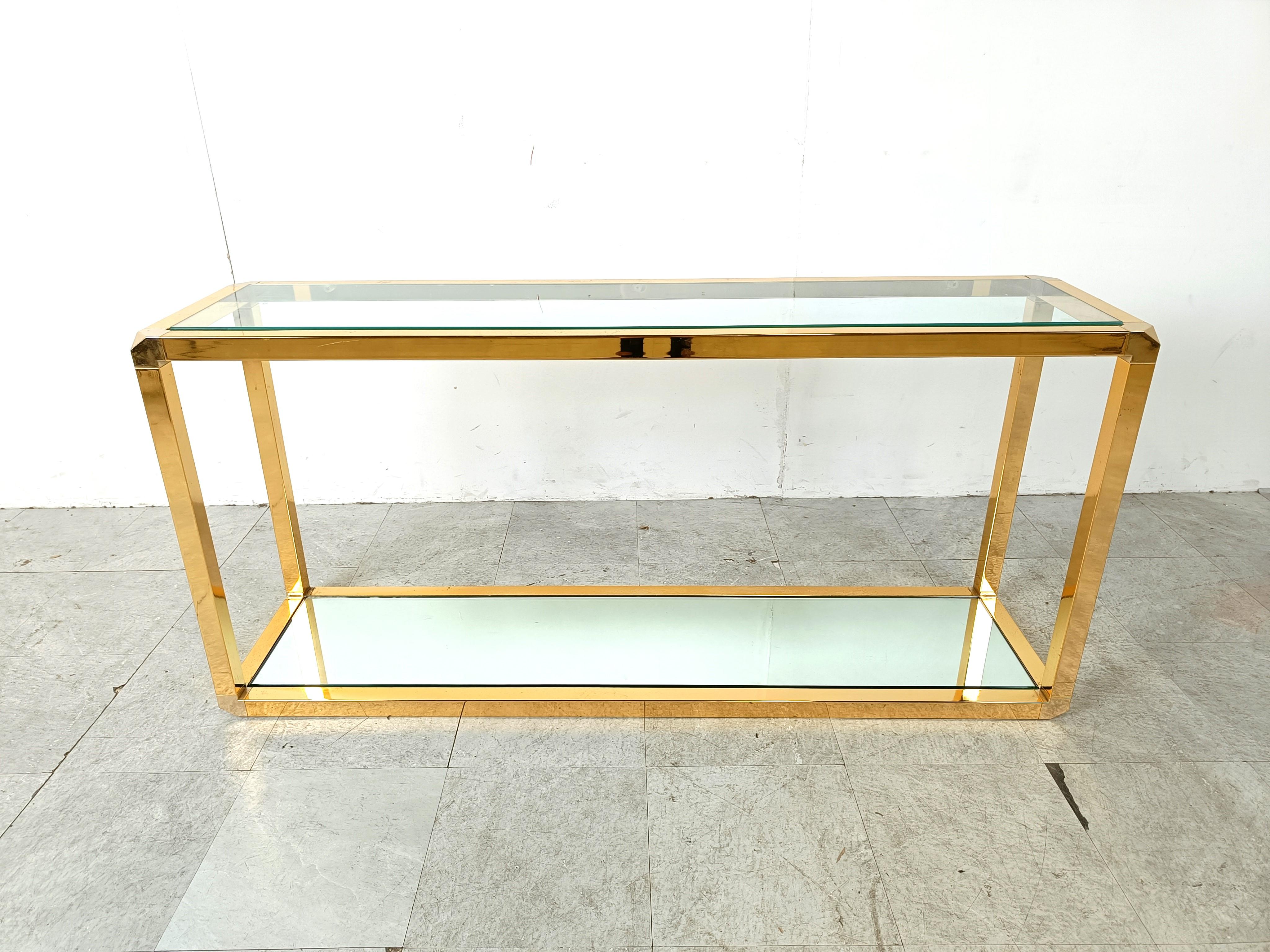 Hollywood Regency Brass two tier console table with mirrored glass, 1970s