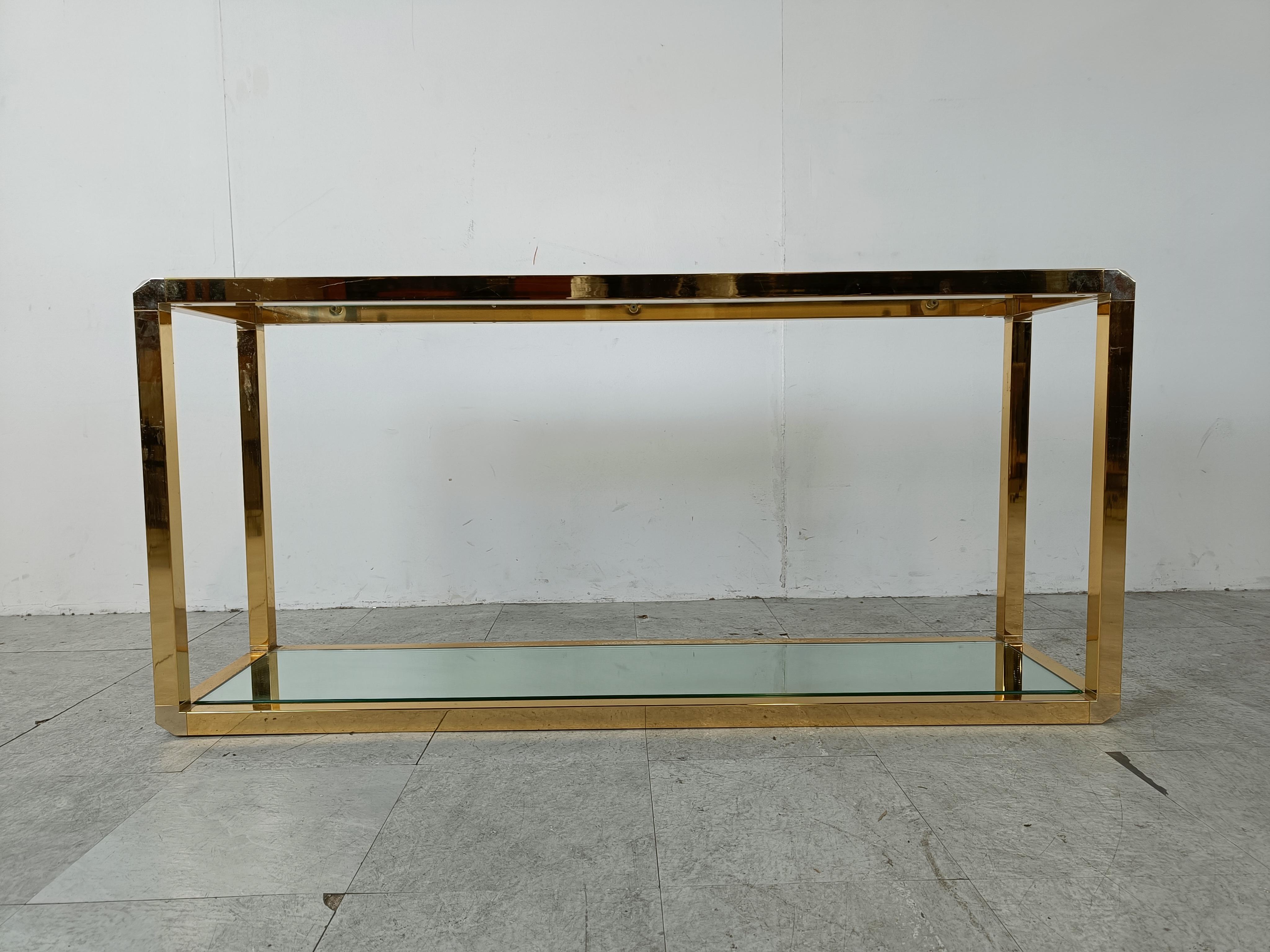 Belgian Brass two tier console table with mirrored glass, 1970s