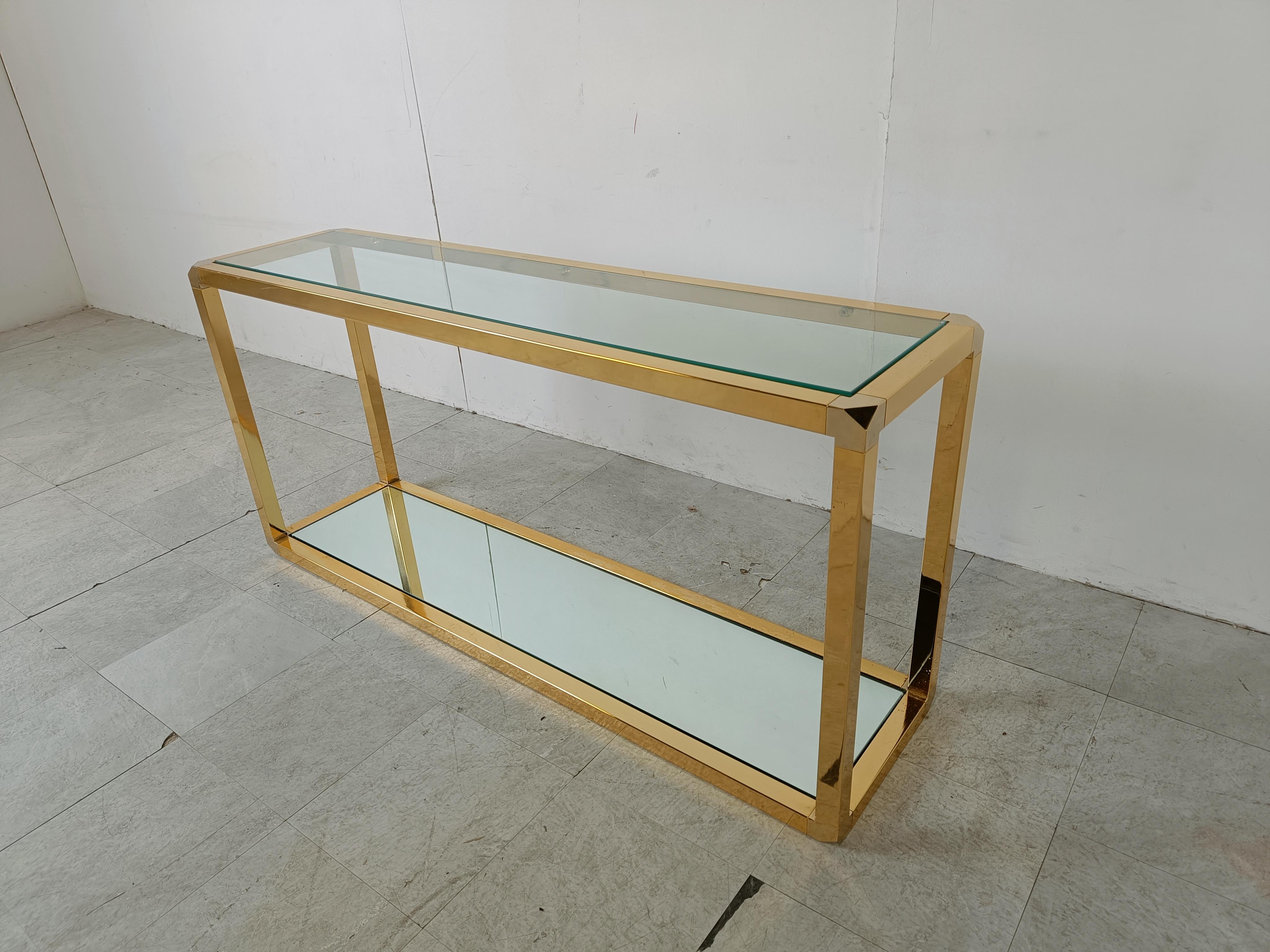 Brass two tier console table with mirrored glass, 1970s In Good Condition In HEVERLEE, BE