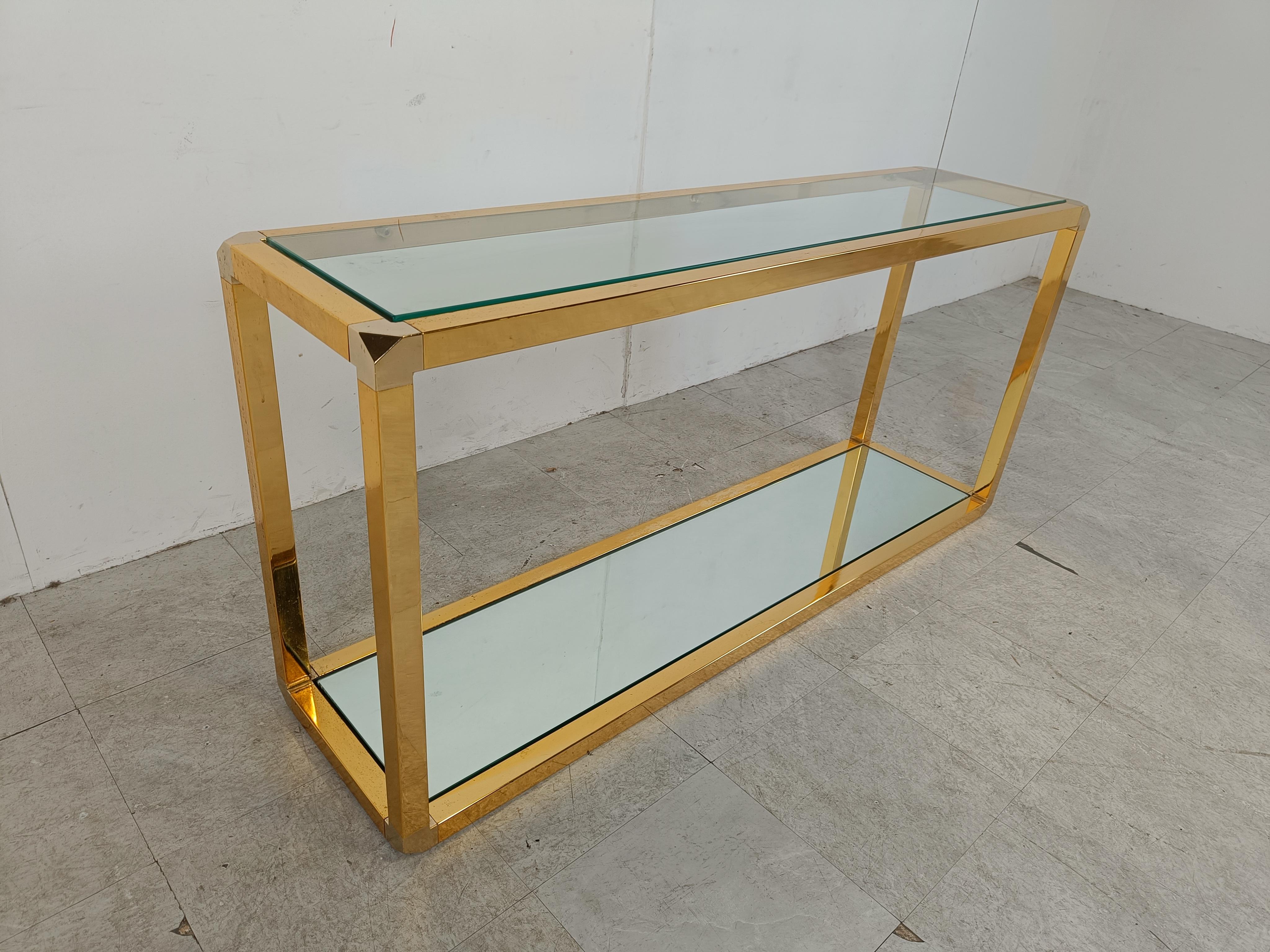 Brass two tier console table with mirrored glass, 1970s 1