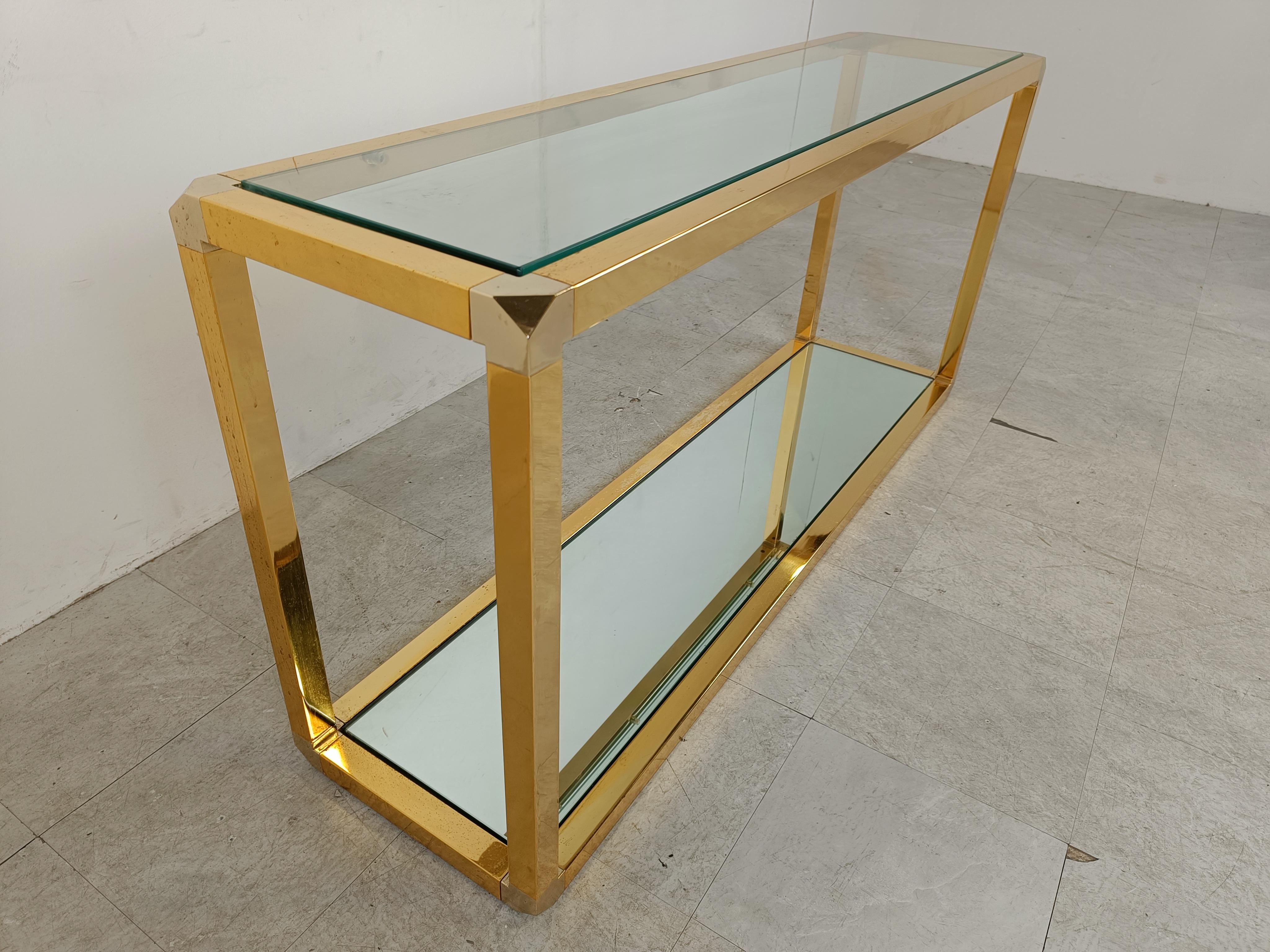 Brass two tier console table with mirrored glass, 1970s 2