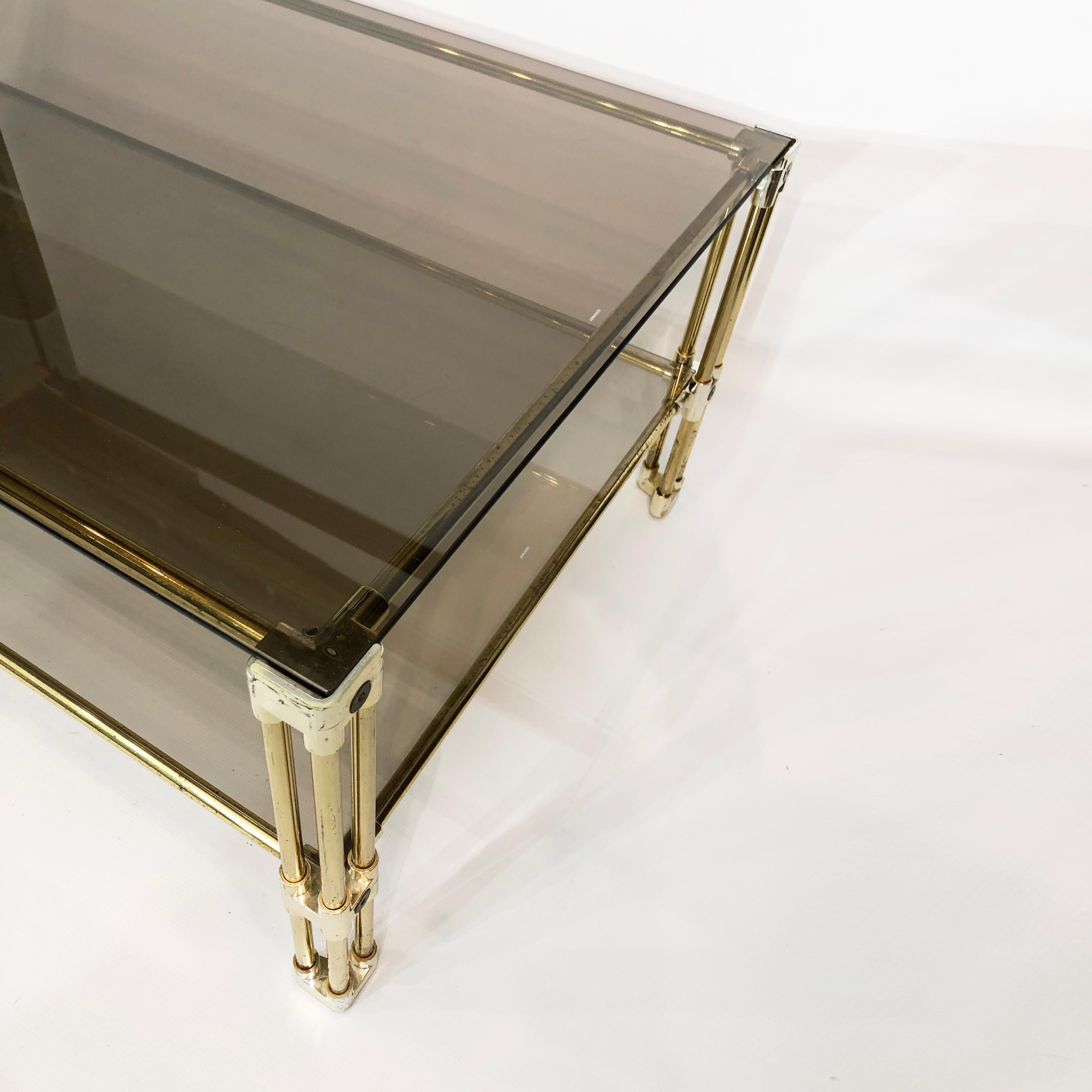 Brass Two-Tiered Coffee Table Hollywood Regency Gold Smoked Glass 1970s Glamour For Sale 8