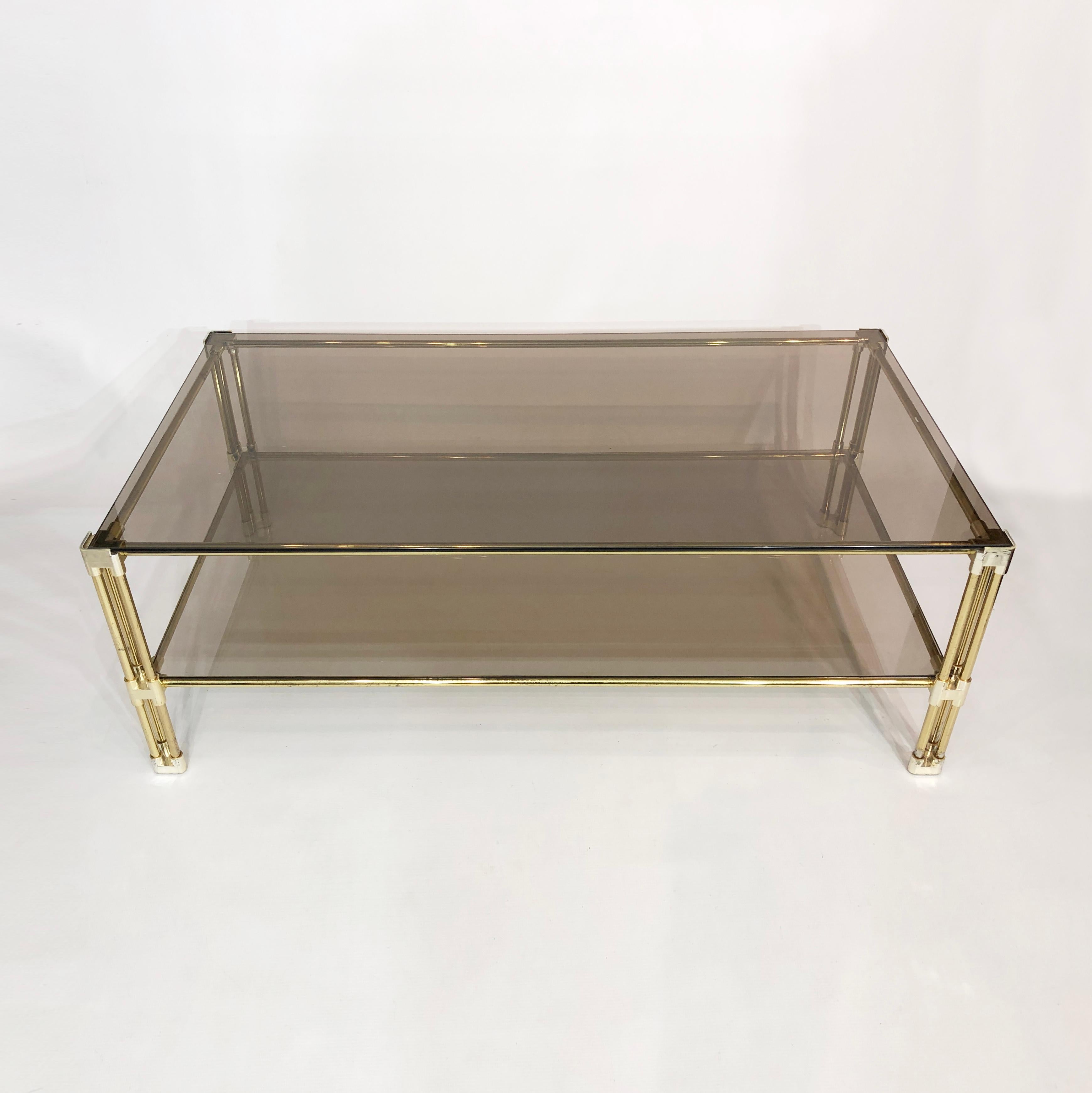 Brass Two-Tiered Coffee Table Hollywood Regency Gold Smoked Glass 1970s Glamour For Sale 2