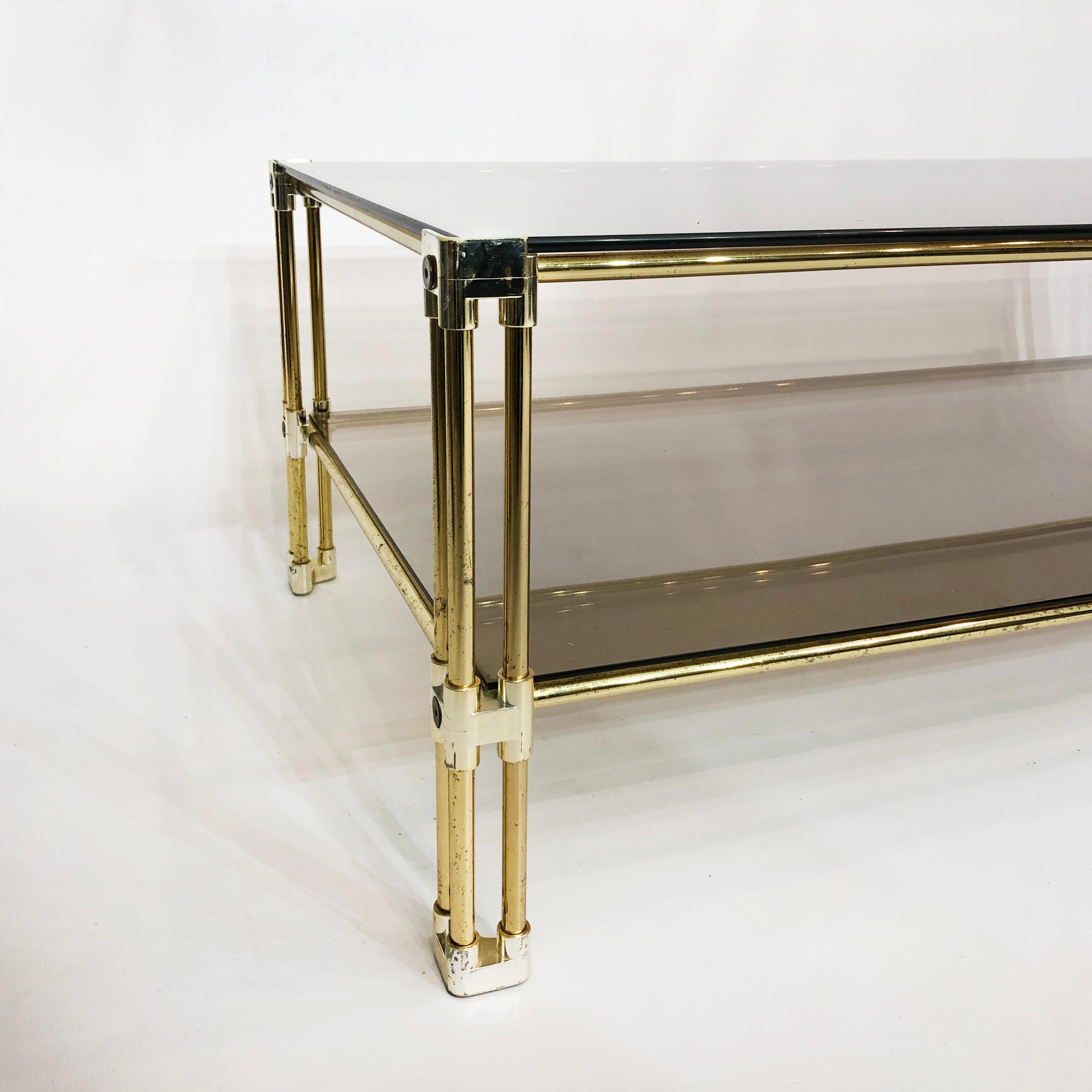 Brass Two-Tiered Coffee Table Hollywood Regency Gold Smoked Glass 1970s Glamour For Sale 3
