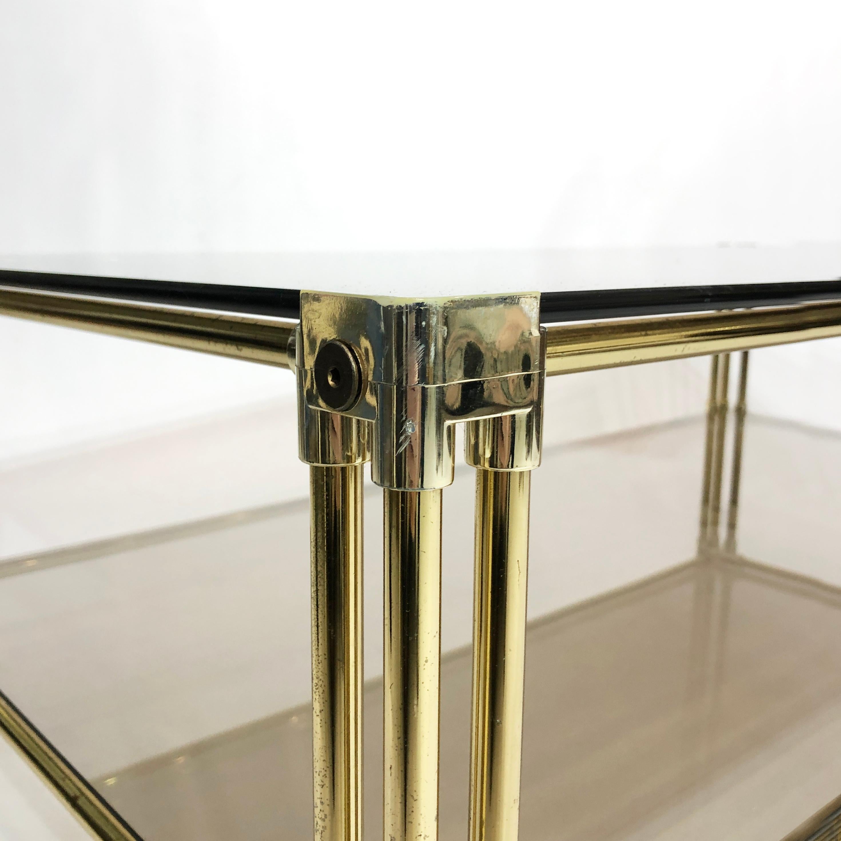 Brass Two-Tiered Coffee Table Hollywood Regency Gold Smoked Glass 1970s Glamour For Sale 4