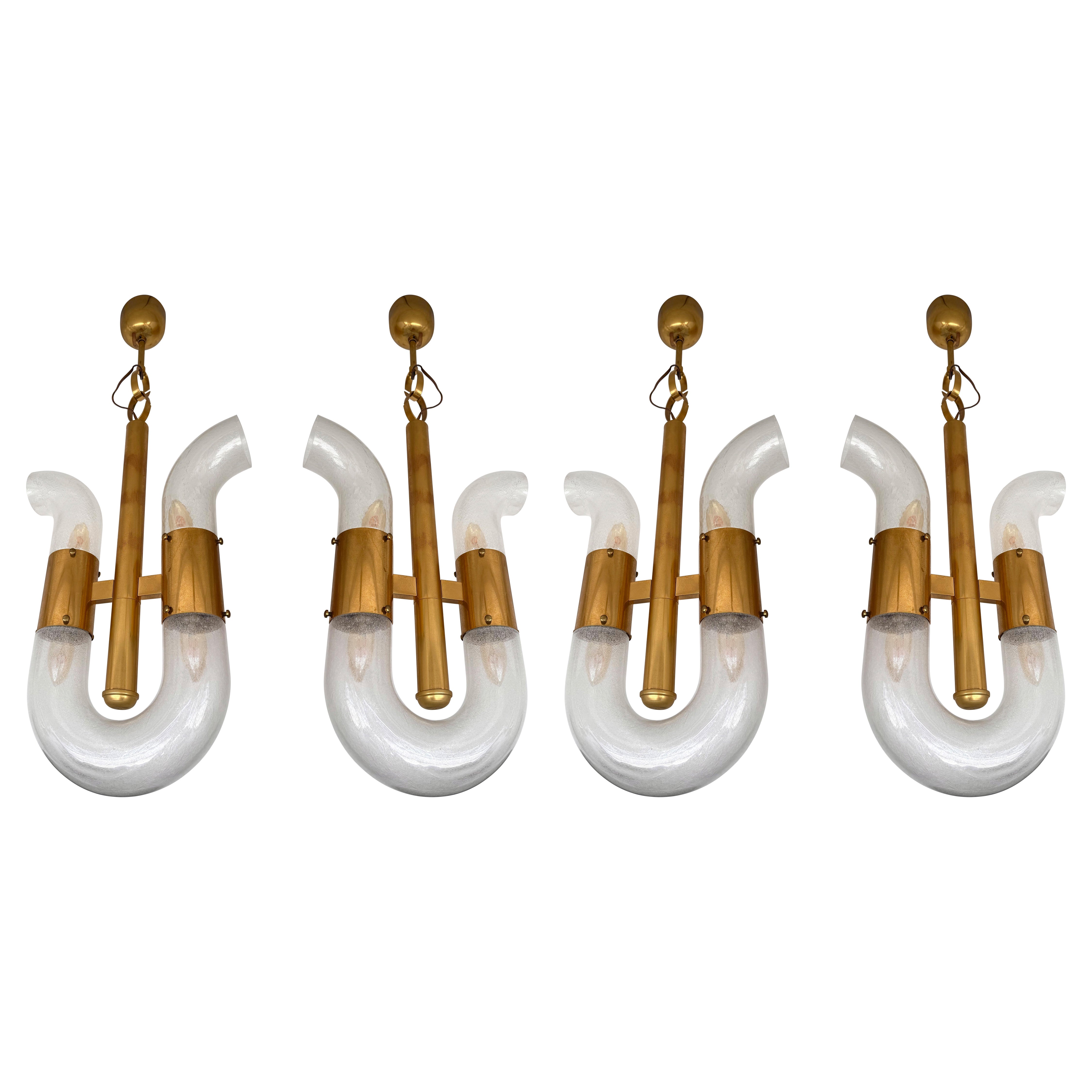 Messing U Pendelleuchte Murano Glas von Aldo Nason für Mazzega Italien, 1970er Jahre