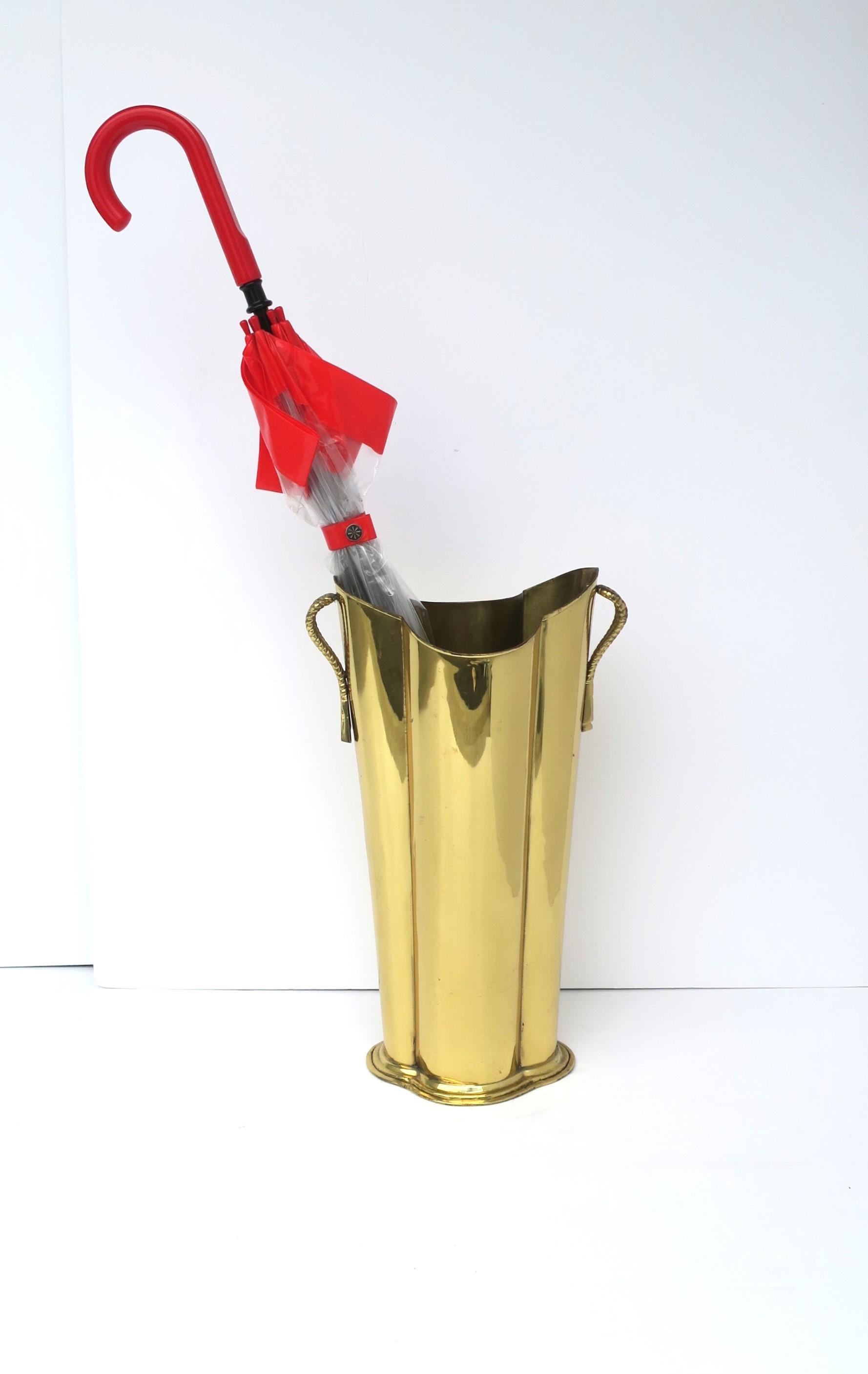 Lacquered Brass Umbrella Holder Stand with Quatrefoil Shape and Tassel Rope Handles For Sale