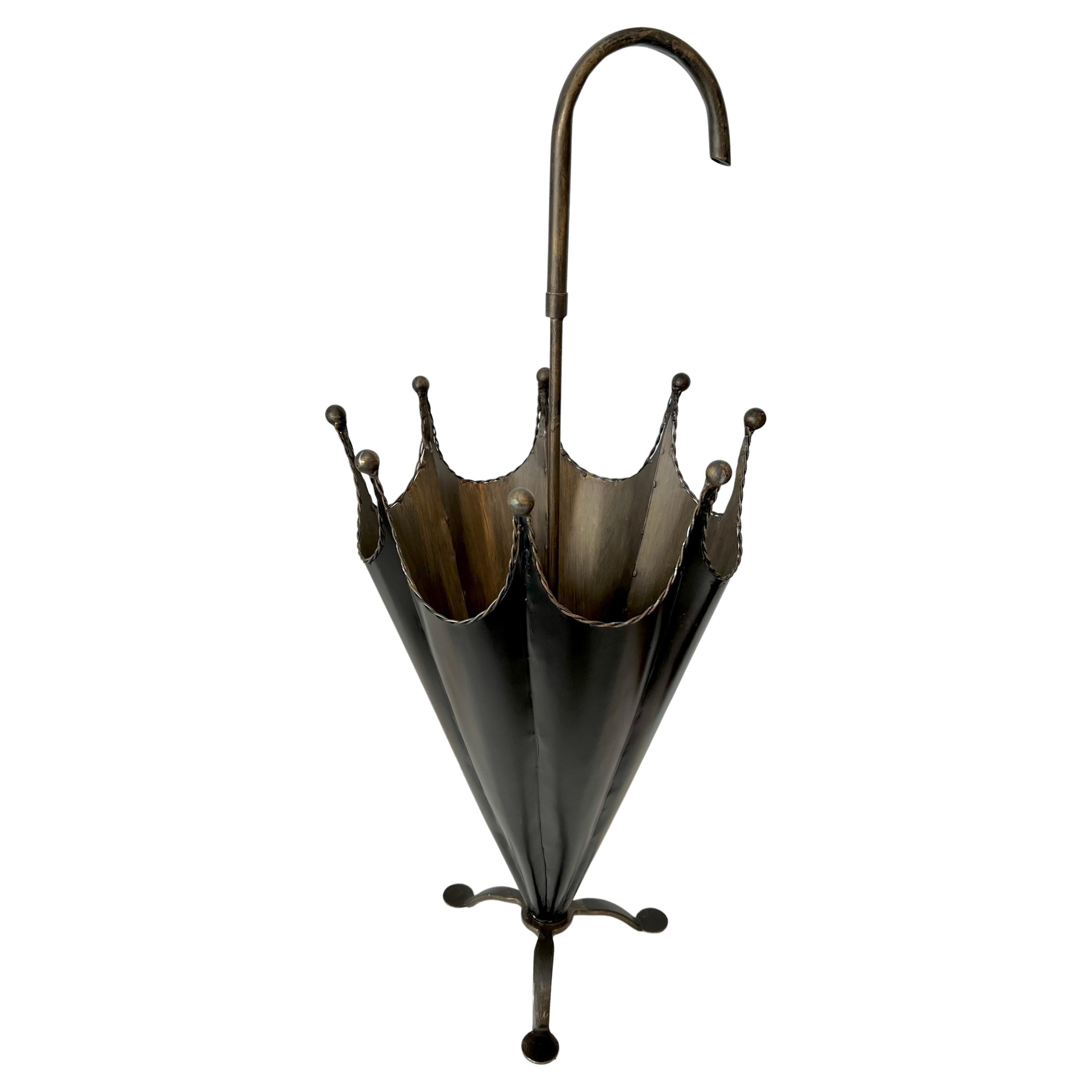 Brass Umbrella Stand in the Shape of an Umbrella Rope Detail Wire and Three Legs For Sale