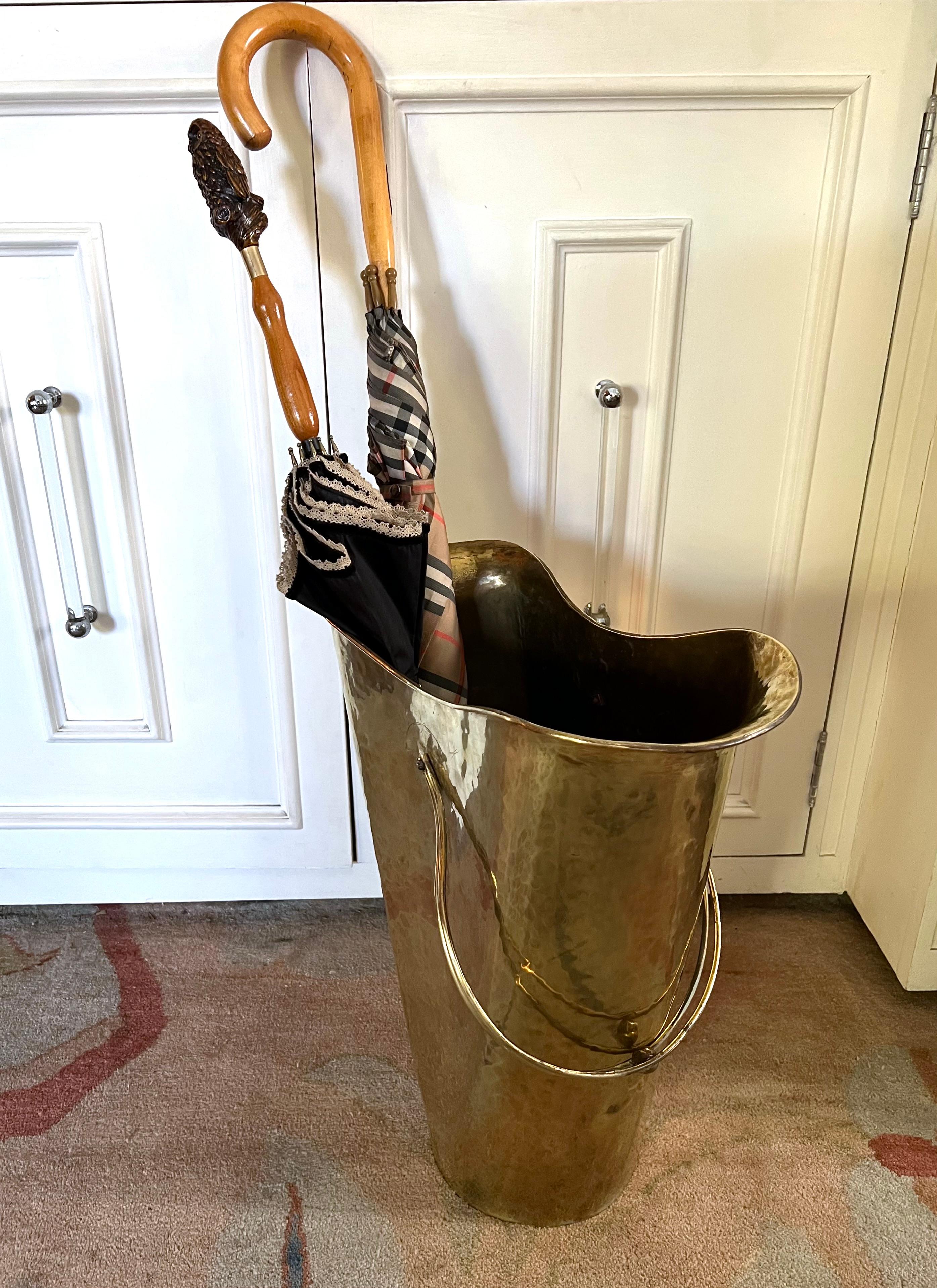 Brass Umbrella Stand or Kindling Bucket with Decorative Handle 9
