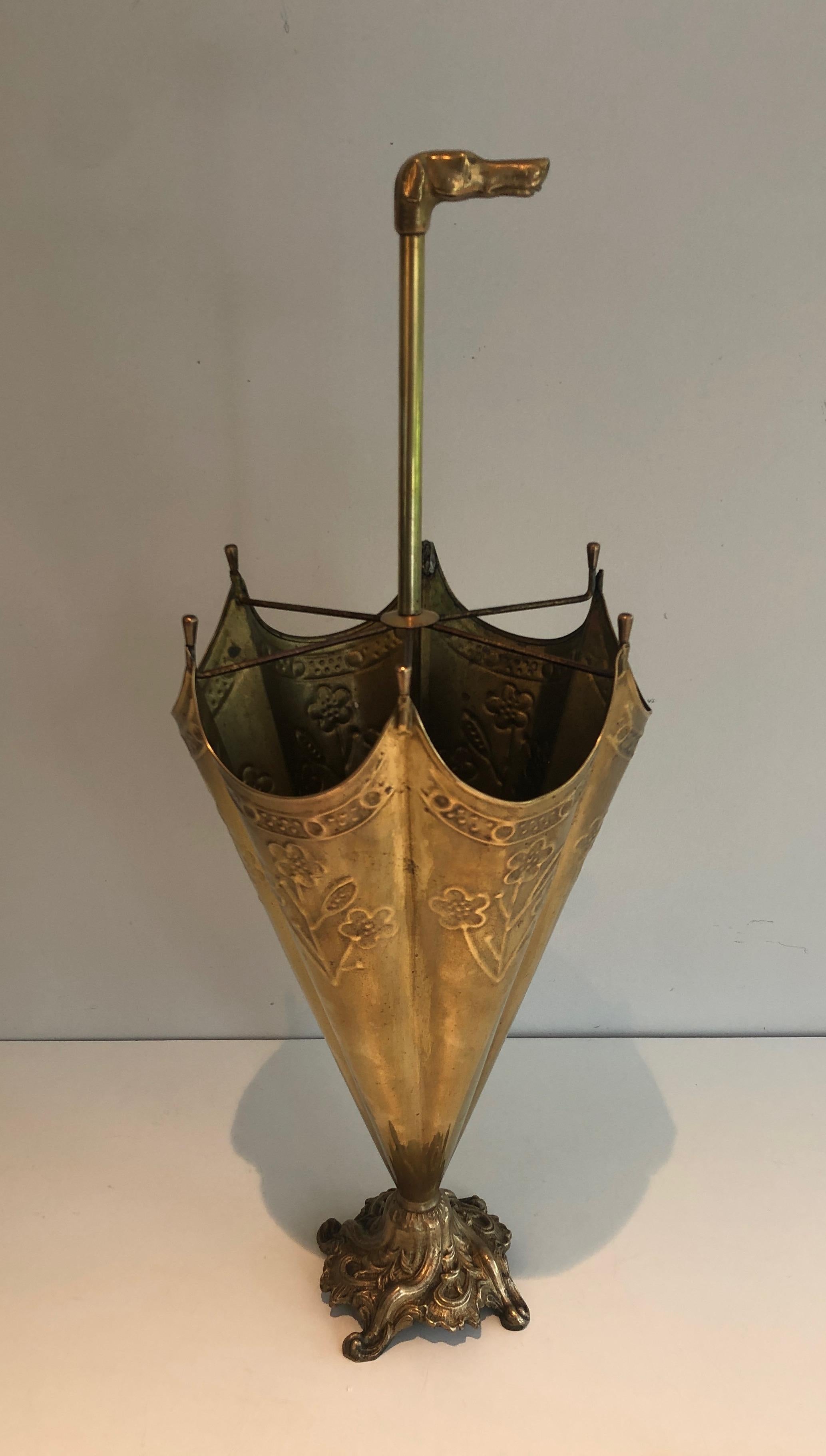 Neoclassical Brass Umbrella Stand Representing a Dog's Head Umbrella