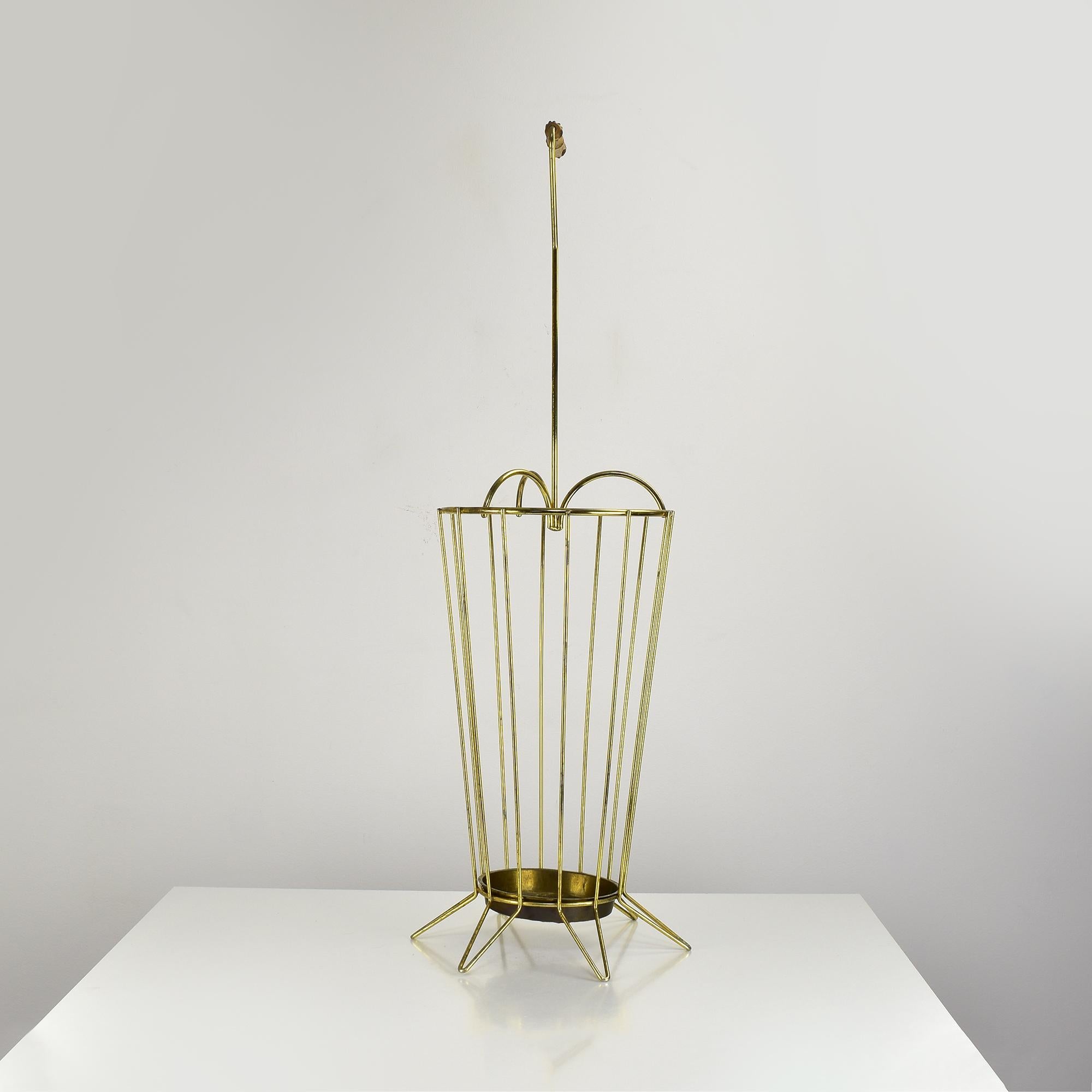 Hand-Crafted Brass Umbrella Stand with Bamboo Handle Vintage Mid Century Modern Vienna Boho For Sale