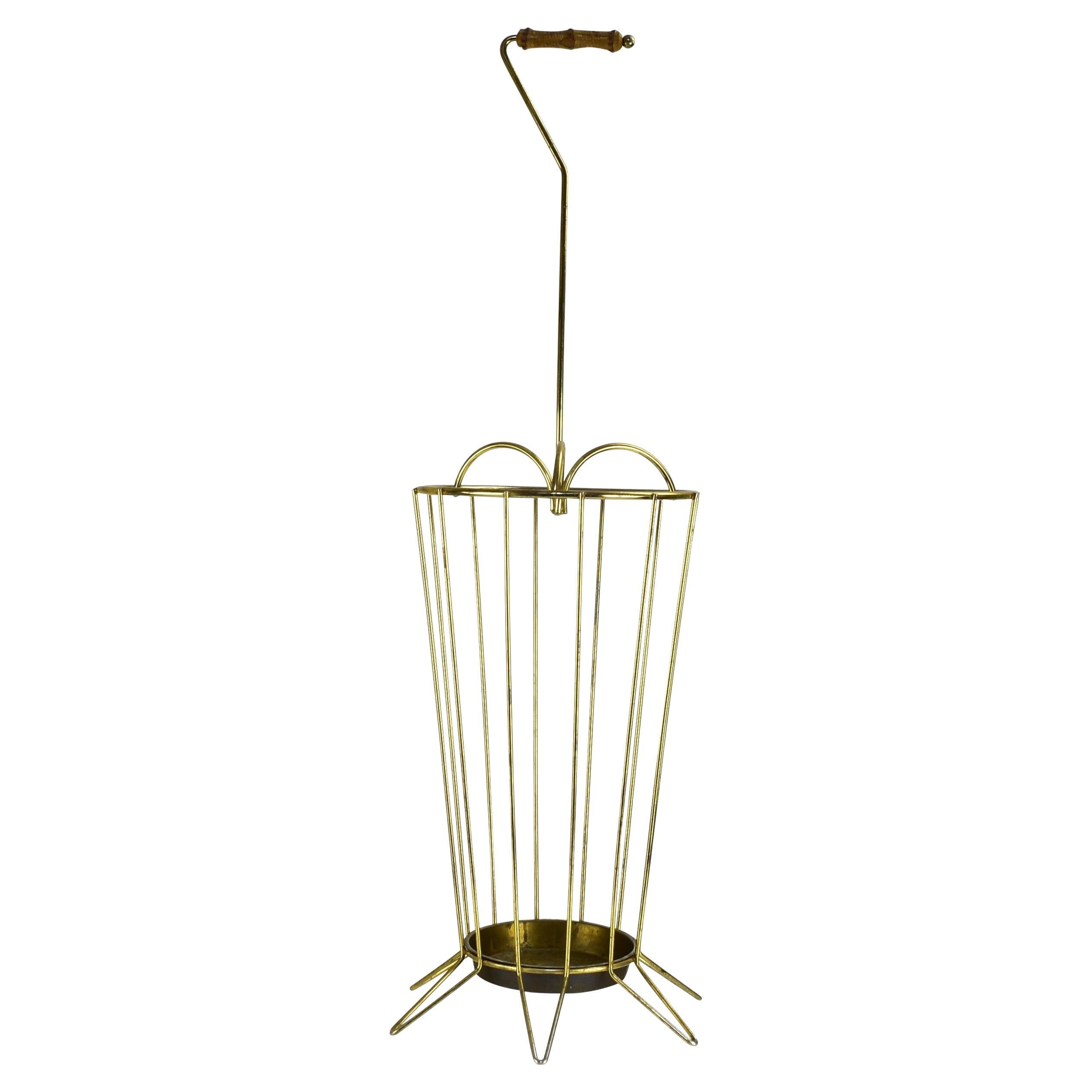 Brass Umbrella Stand with Bamboo Handle Vintage Mid Century Modern Vienna Boho For Sale