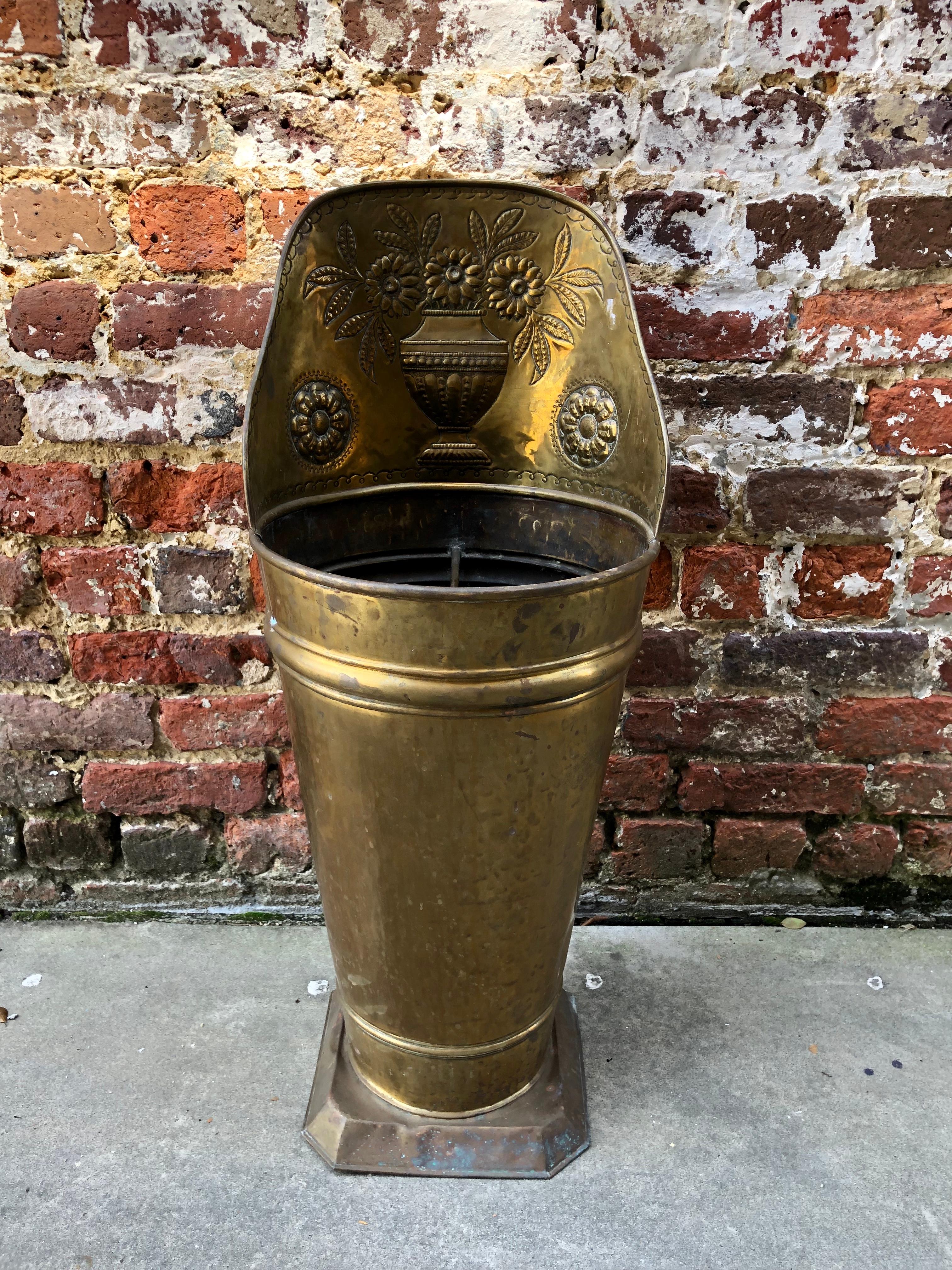 Brass umbrella stand with floral motif For Sale
