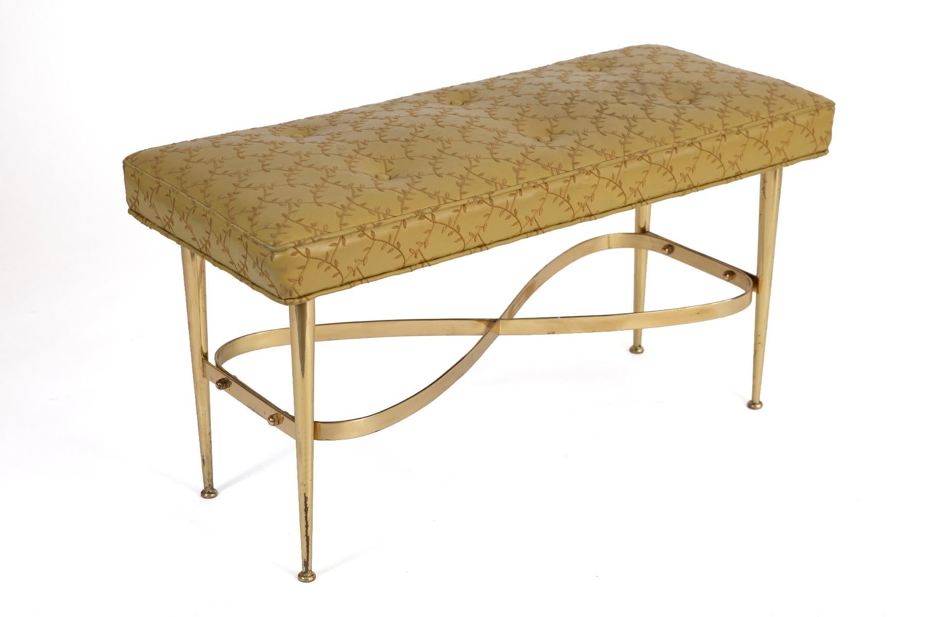 Italian Bench in Brass and Original Yellow Upholstery In Good Condition In Phoenix, AZ