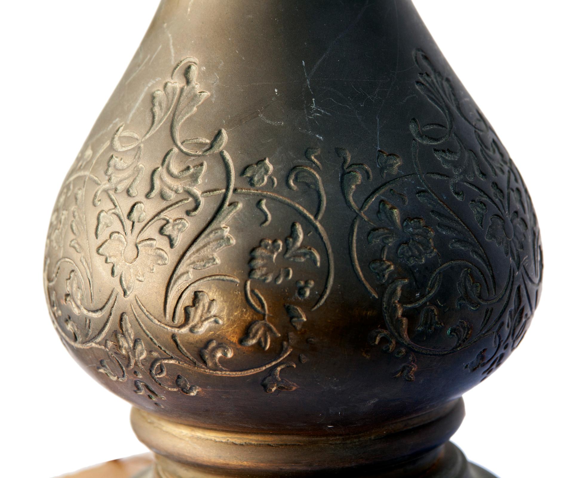 Hand-Crafted Asian Brass Etched Urn Lamp/ Ivory Lamp Shade