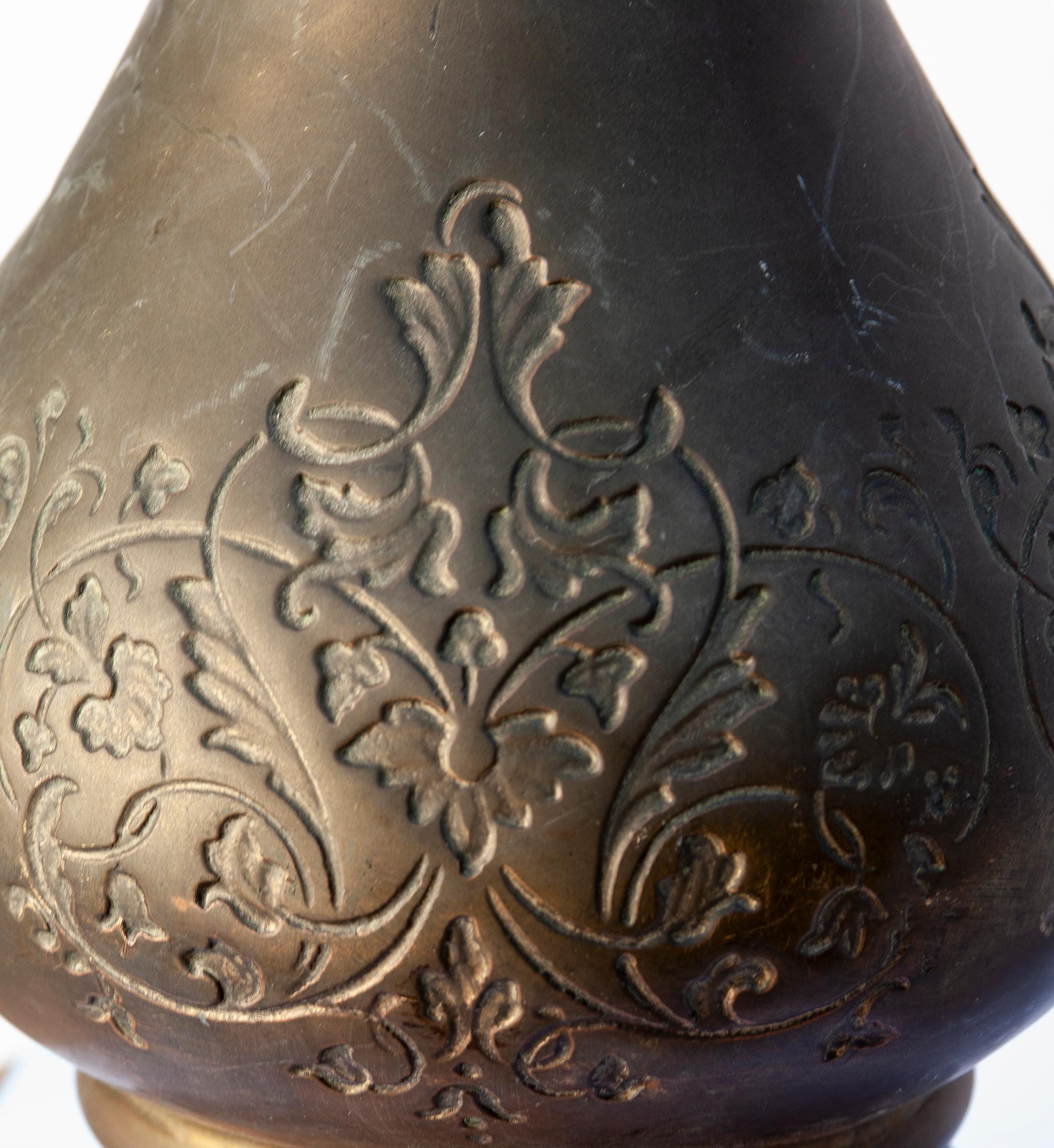 Asian Brass Etched Urn Lamp/ Ivory Lamp Shade In Good Condition For Sale In Malibu, CA