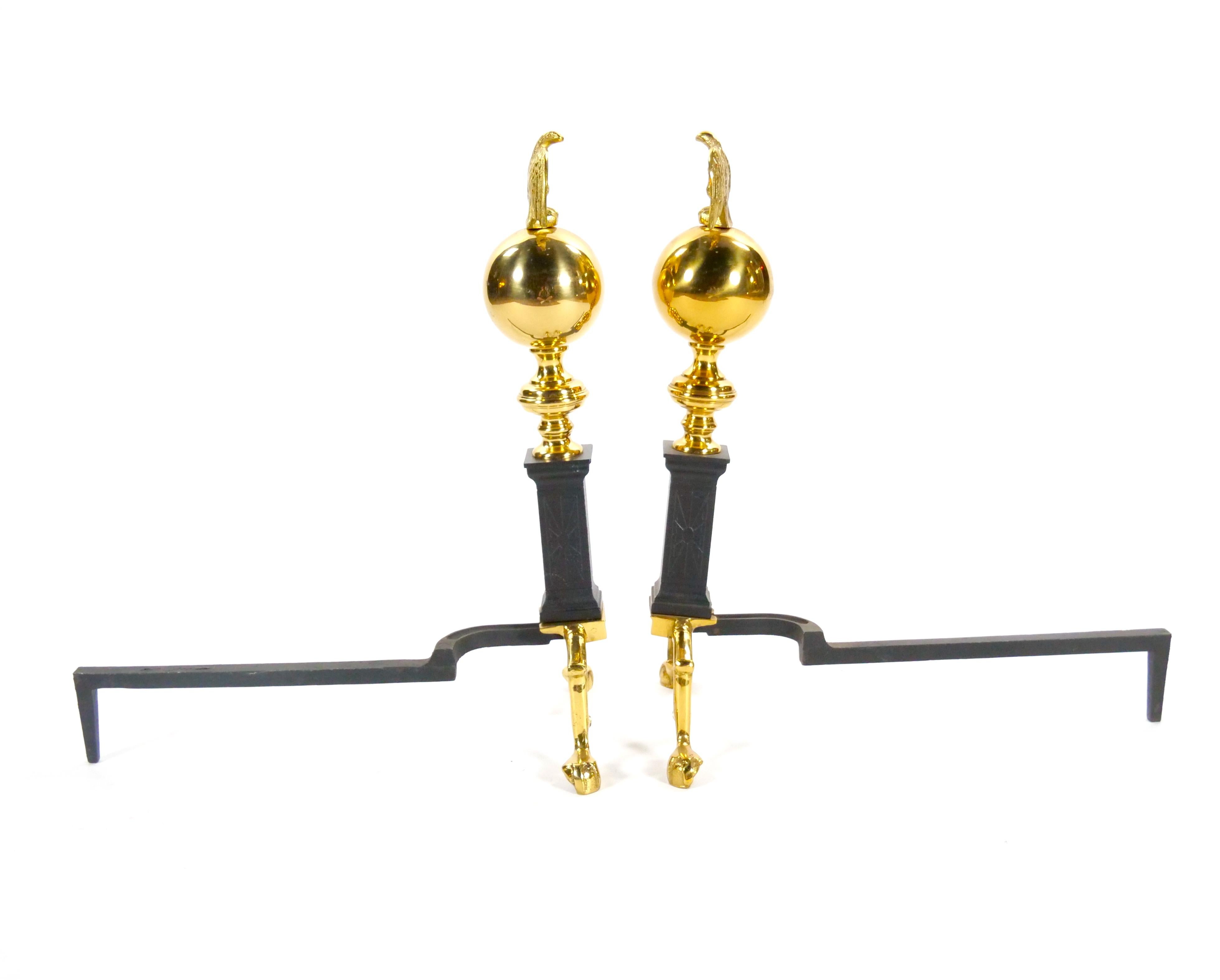 Brass Urn / Wrought Iron Federal Style Branch Leg Fireplace Andirons For Sale 5