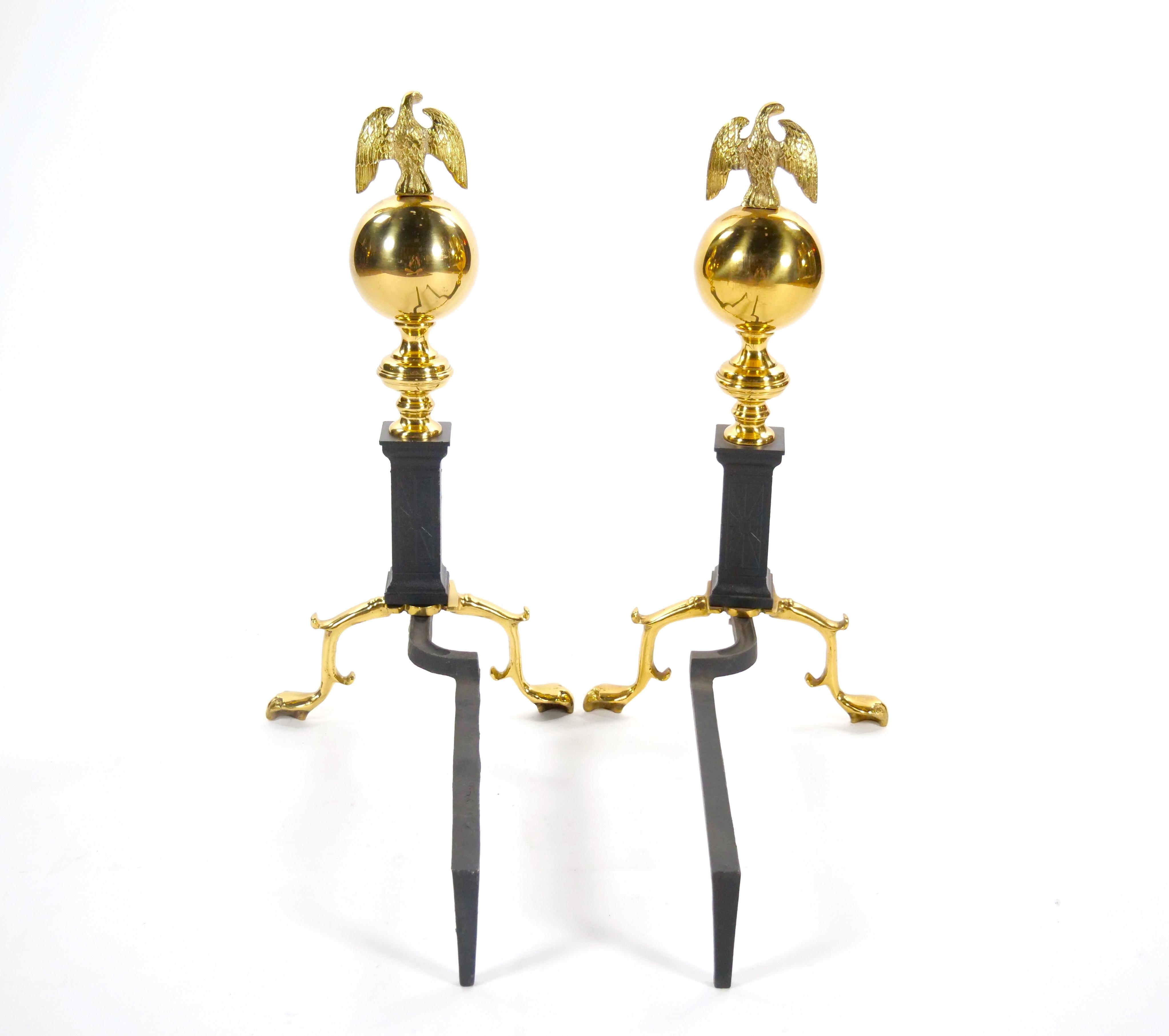 Brass Urn / Wrought Iron Federal Style Branch Leg Fireplace Andirons For Sale 8