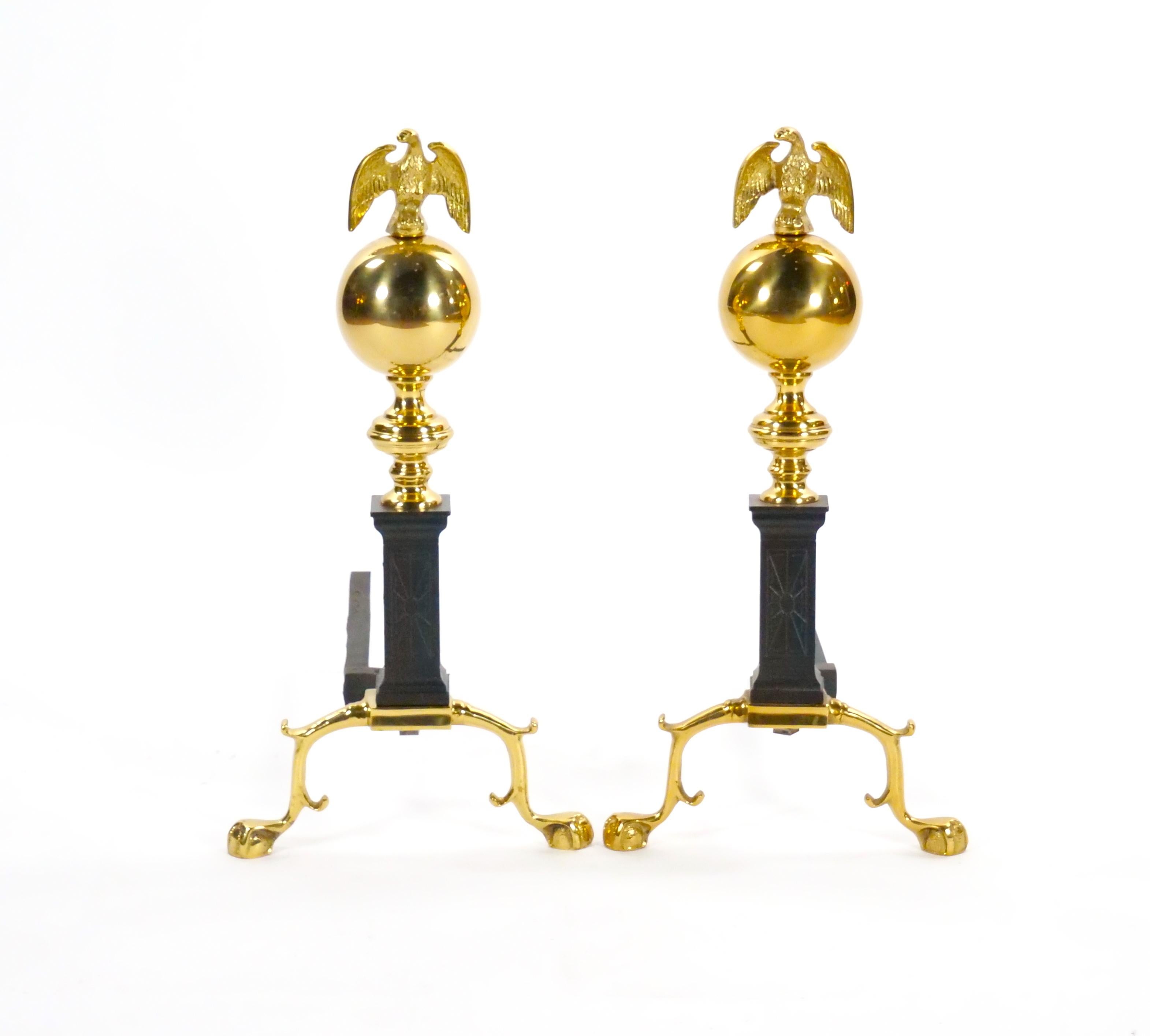 Brass Urn / Wrought Iron Federal Style Branch Leg Fireplace Andirons For Sale 9