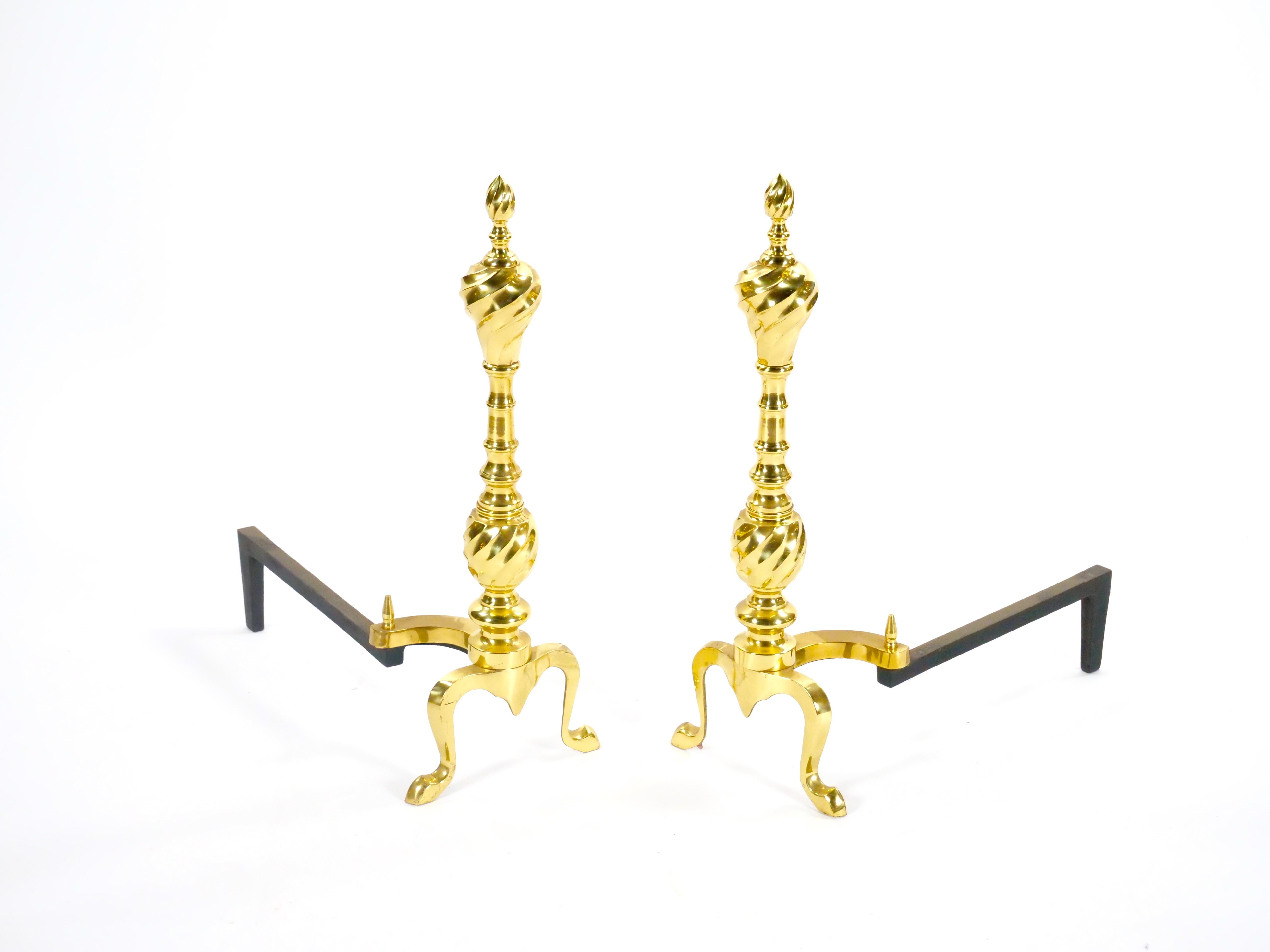 20th Century Brass Urn & Wrought Iron Federal Style Branch Leg Fireplace Andirons For Sale