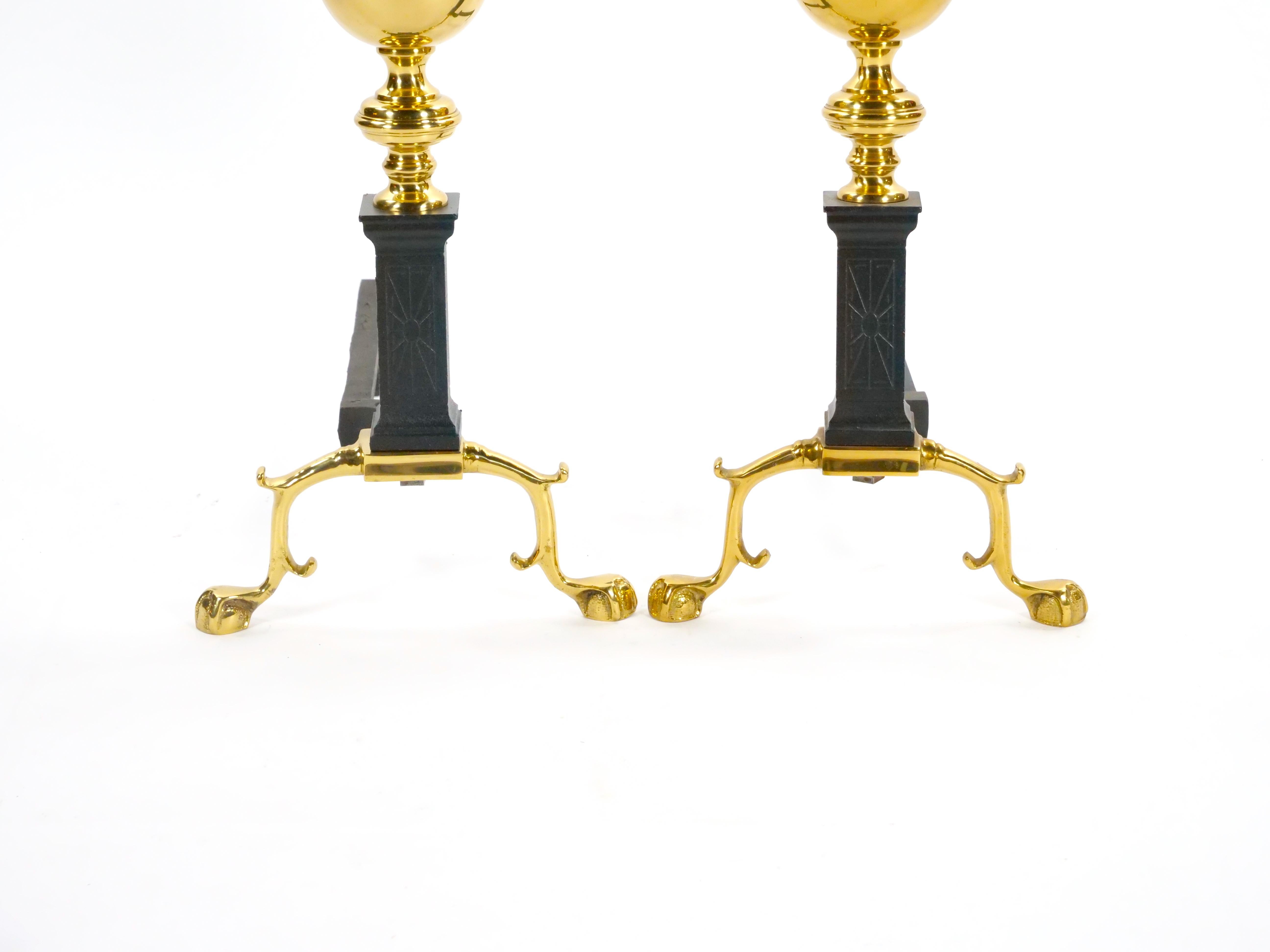 20th Century Brass Urn / Wrought Iron Federal Style Branch Leg Fireplace Andirons For Sale