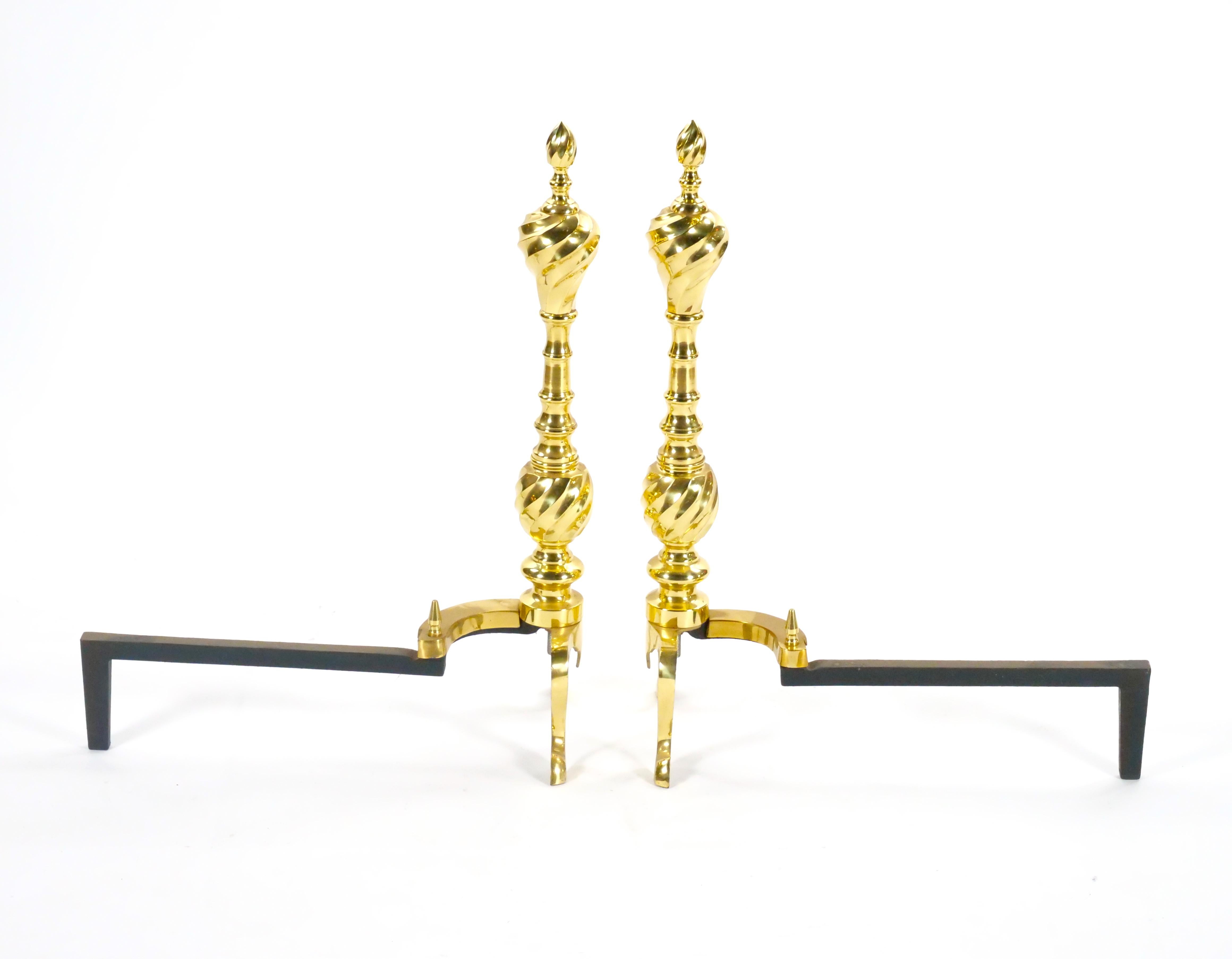 Brass Urn & Wrought Iron Federal Style Branch Leg Fireplace Andirons For Sale 2
