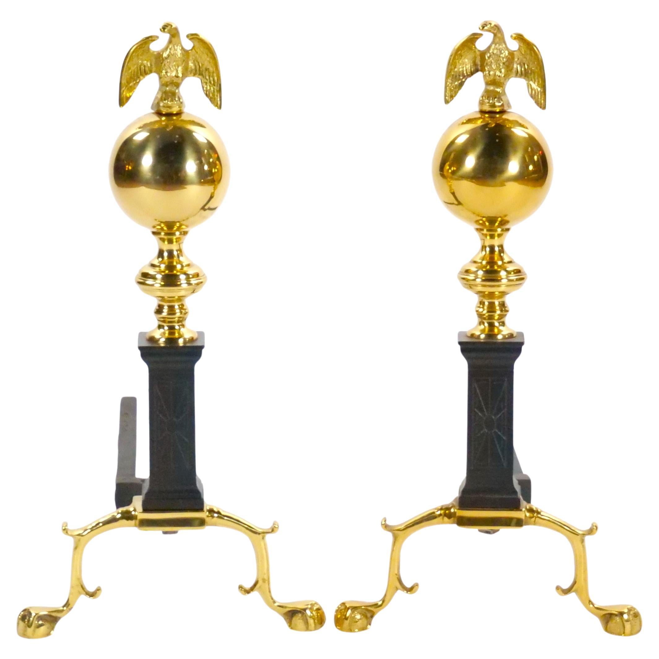 Brass Urn / Wrought Iron Federal Style Branch Leg Fireplace Andirons