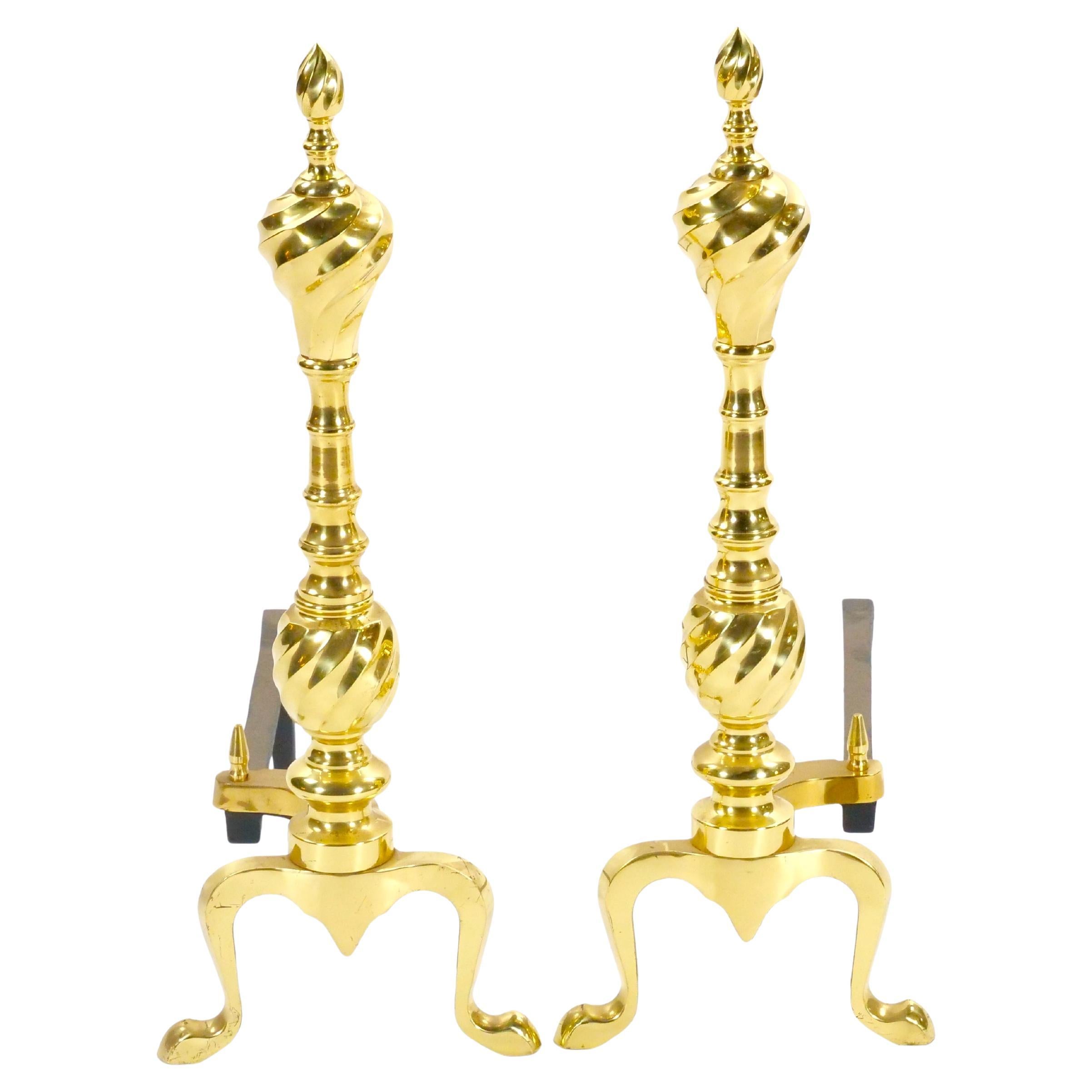 Brass Urn & Wrought Iron Federal Style Branch Leg Fireplace Andirons For Sale