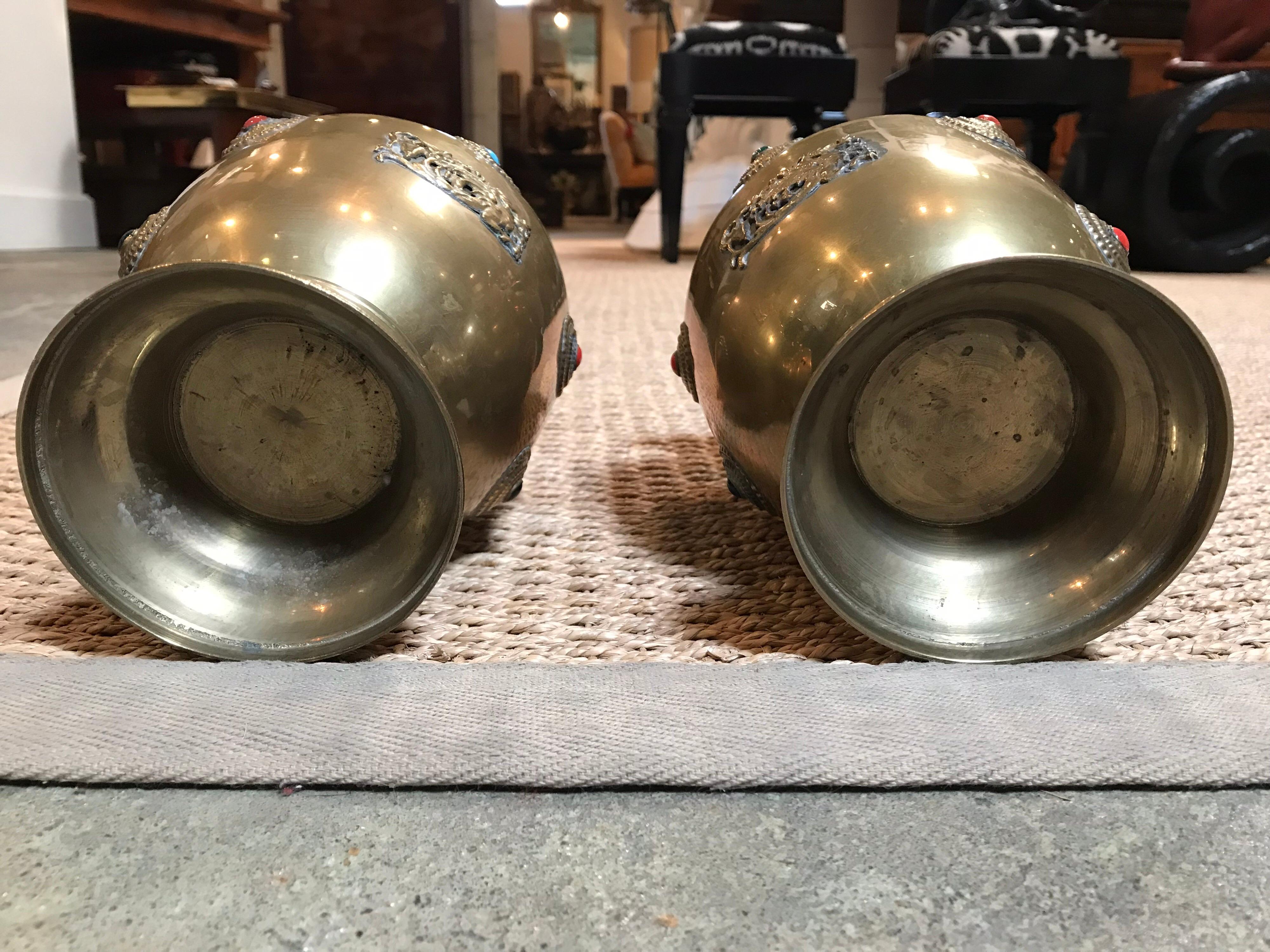 Brass Urns with Jewels and Dragon Emblem In Good Condition For Sale In Dallas, TX