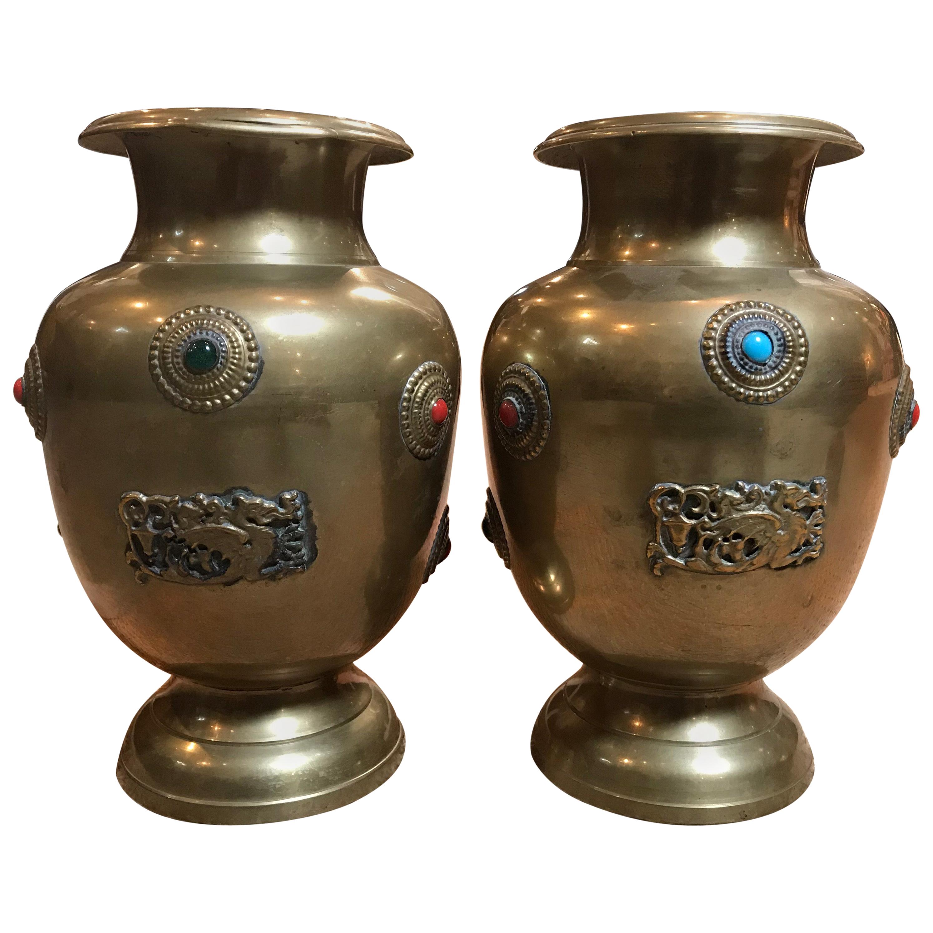 Brass Urns with Jewels and Dragon Emblem For Sale