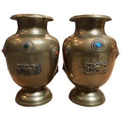 Antique Brass Urns with Jewels and Dragon Emblem