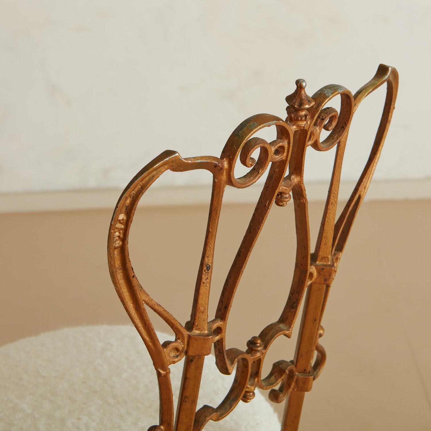 American Classical Brass Vanity Chair with Ivory Boucle Seat