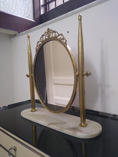 Mid-Century Brass Vanity Mirror on Carrara Marble Base, Italy, 1950s